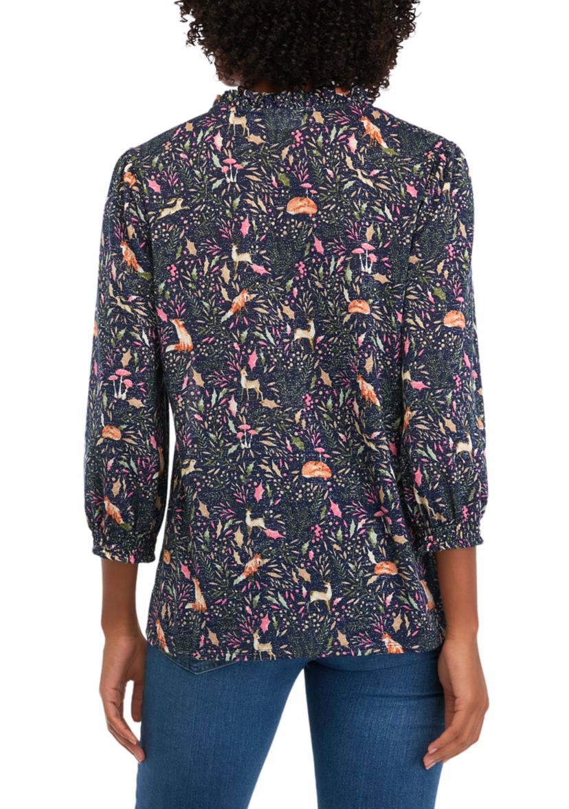 Womens 3/4 Sleeve Shine Hacci Print Peasant Blouse