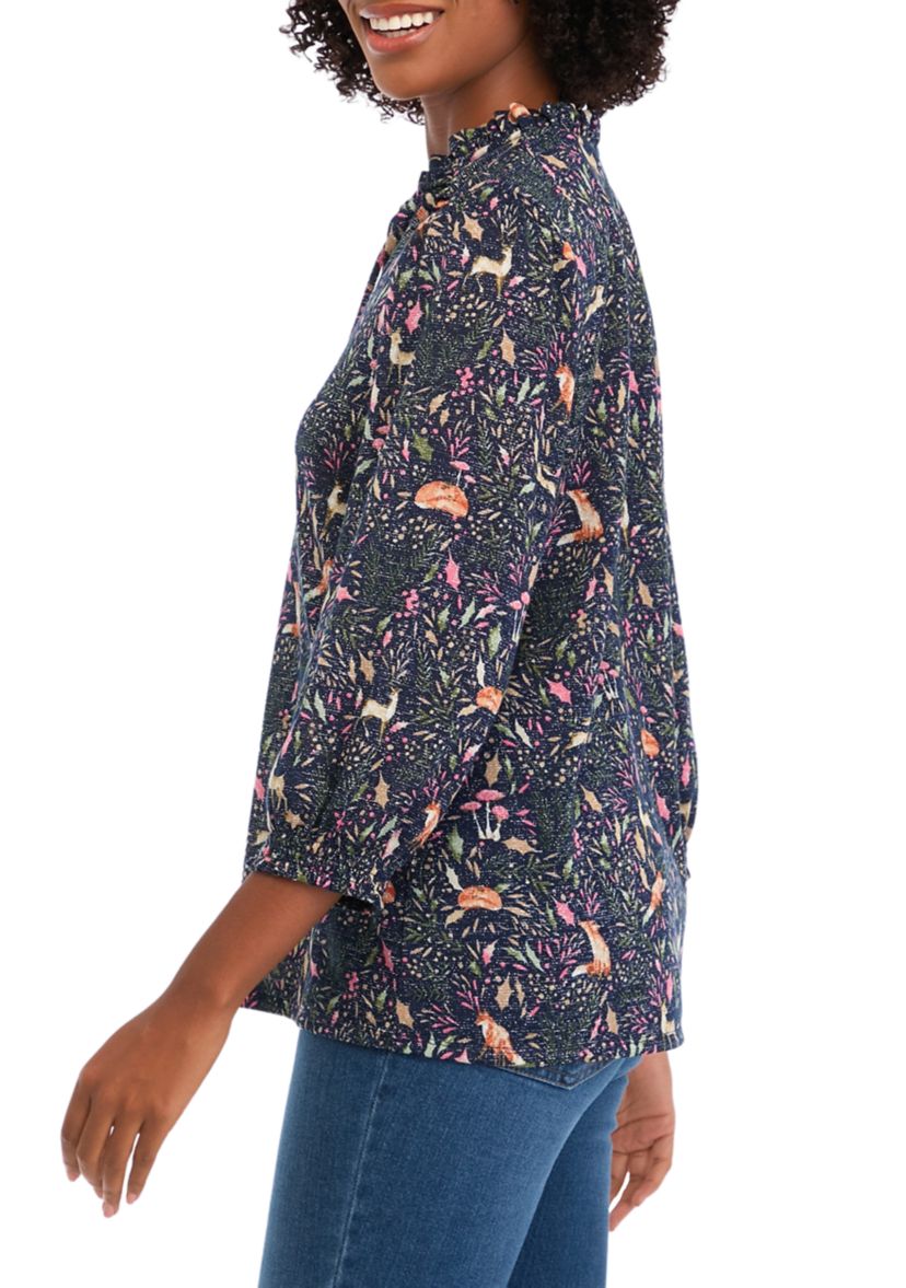 Womens 3/4 Sleeve Shine Hacci Print Peasant Blouse