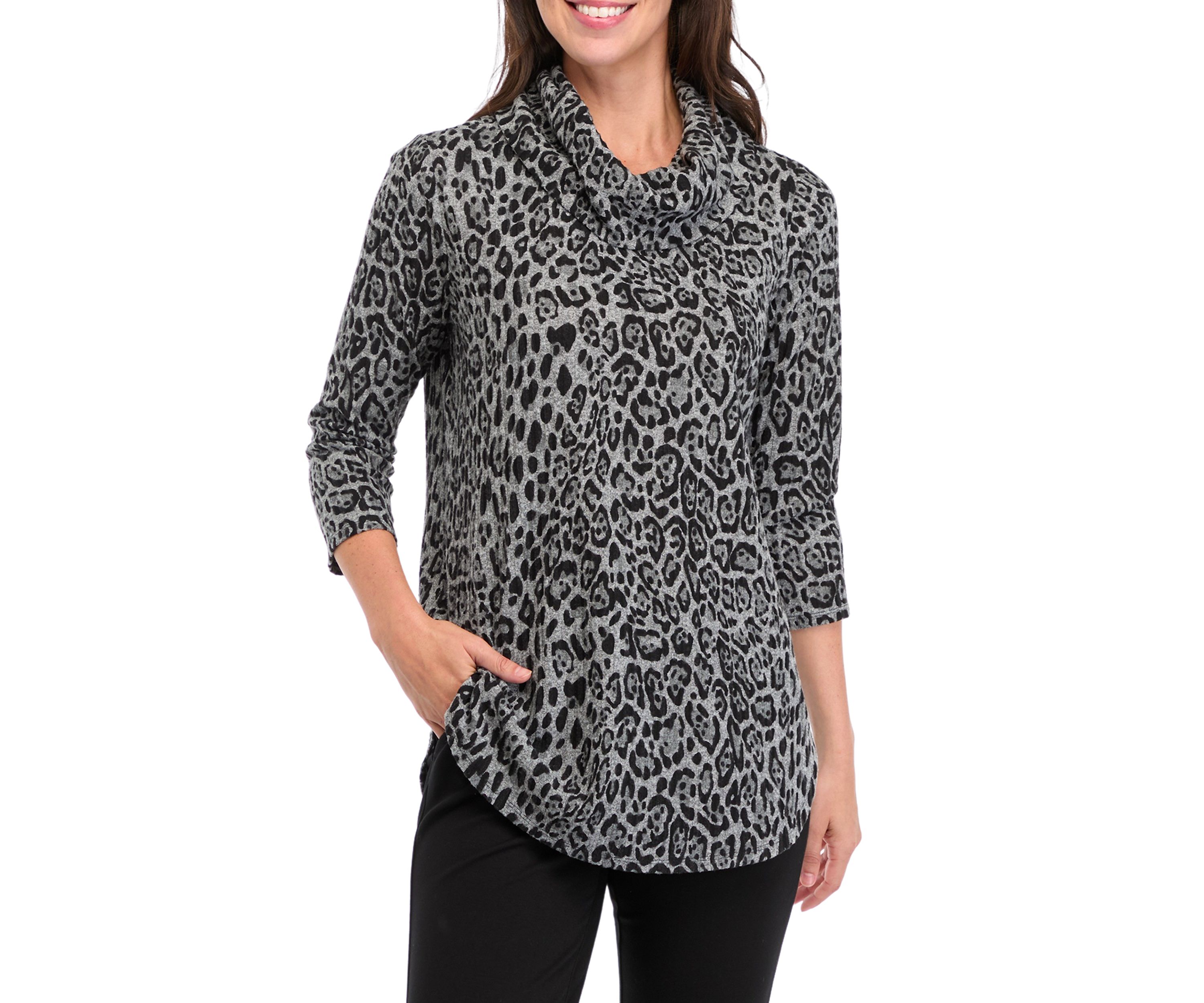 Womens Cowl Neck Hacci Printed Top 