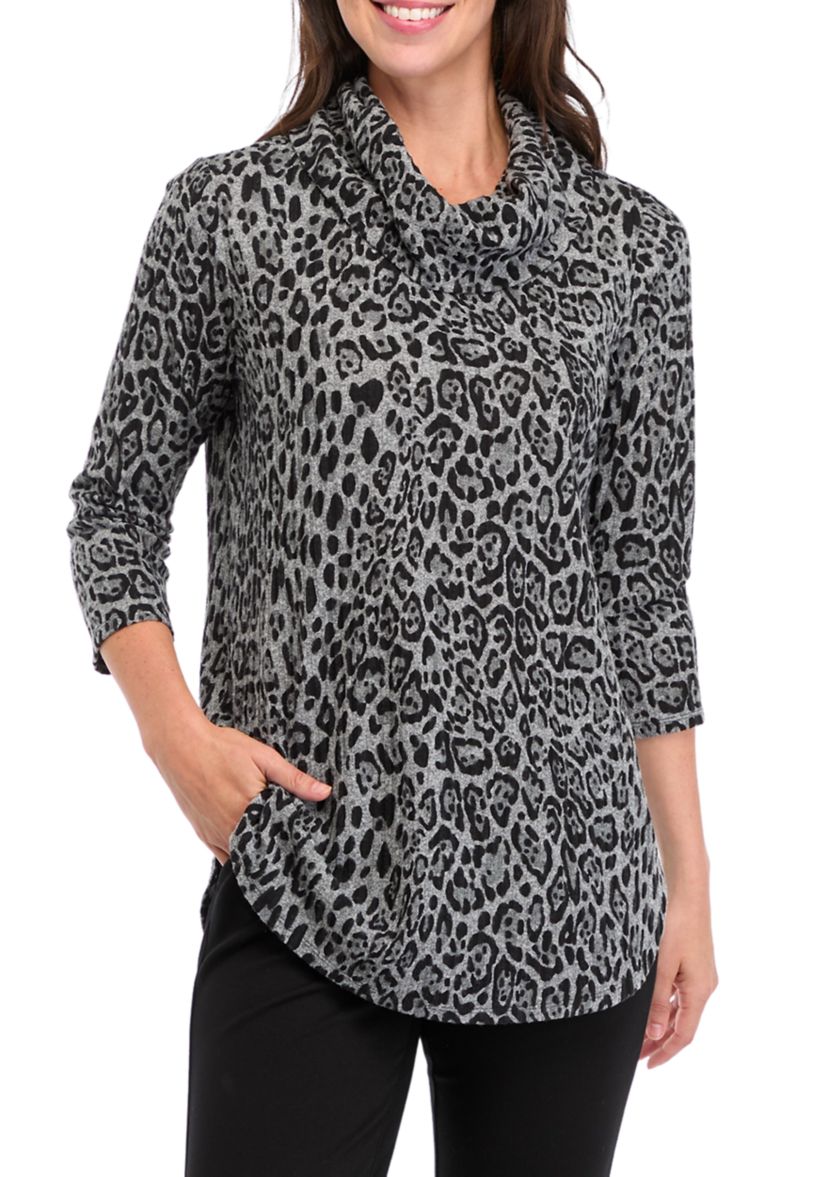 Womens Cowl Neck Hacci Printed Top 