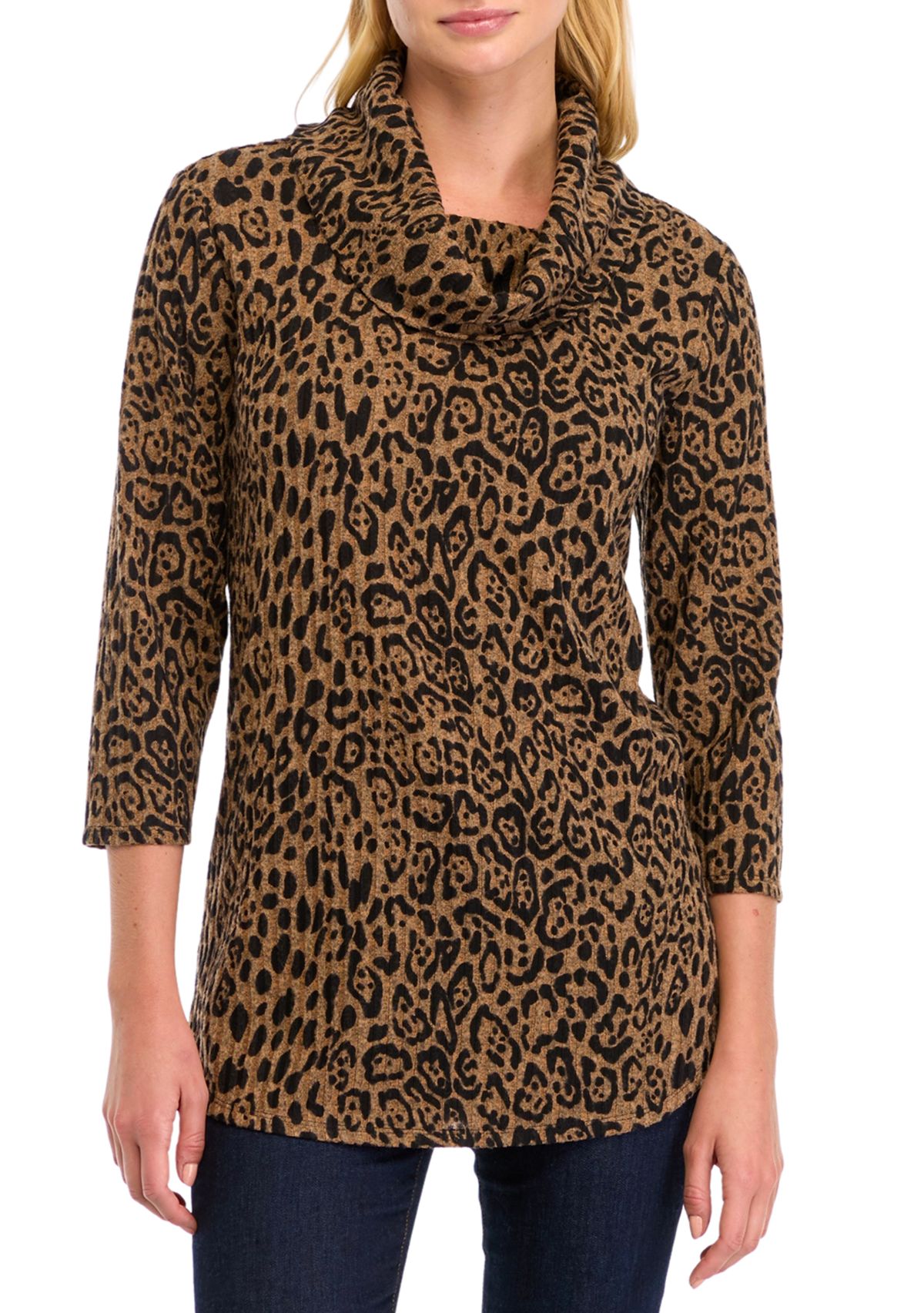 Womens Ribbed Hacci Cowl Neck Printed Top 