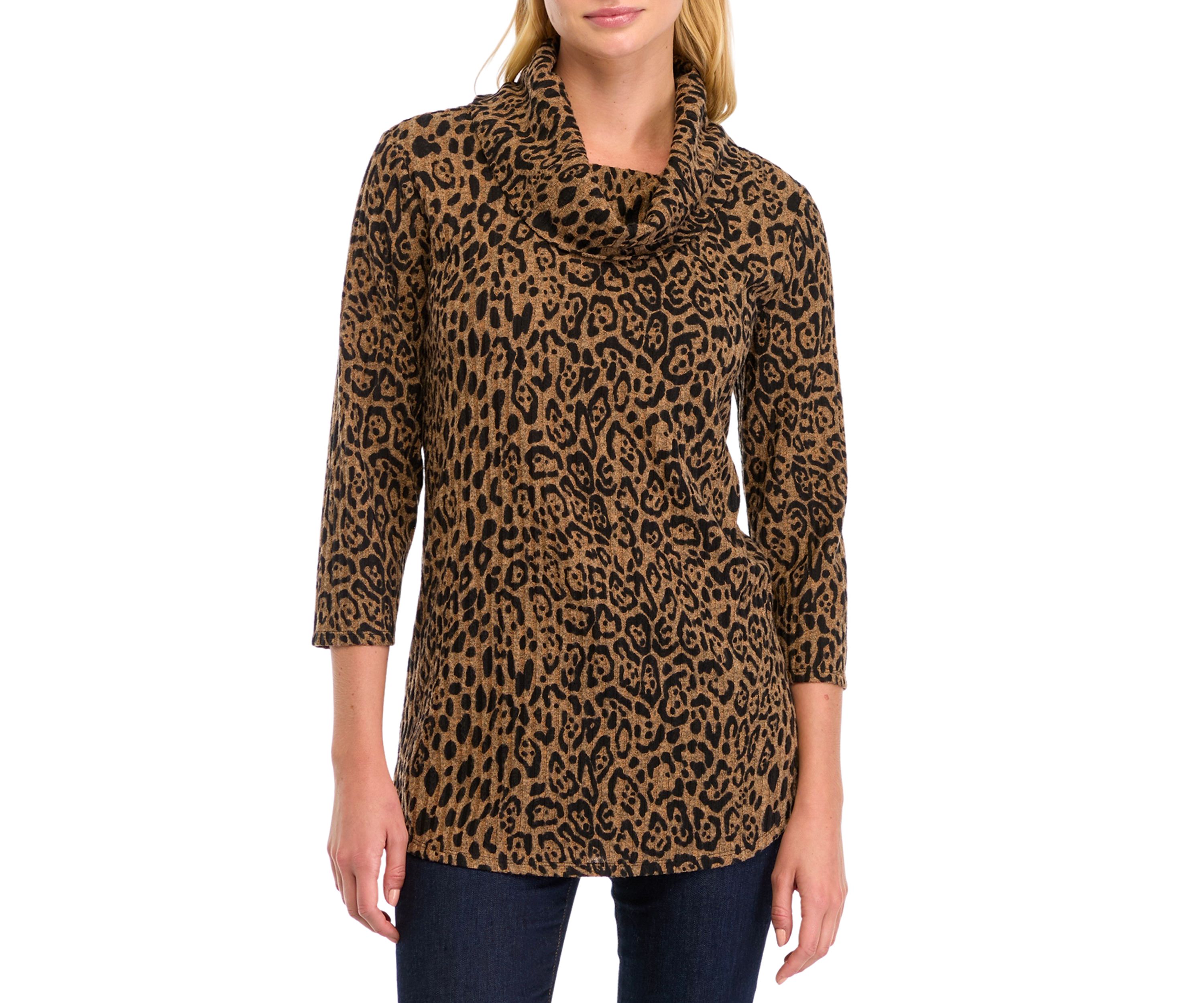 Womens Ribbed Hacci Cowl Neck Printed Top 