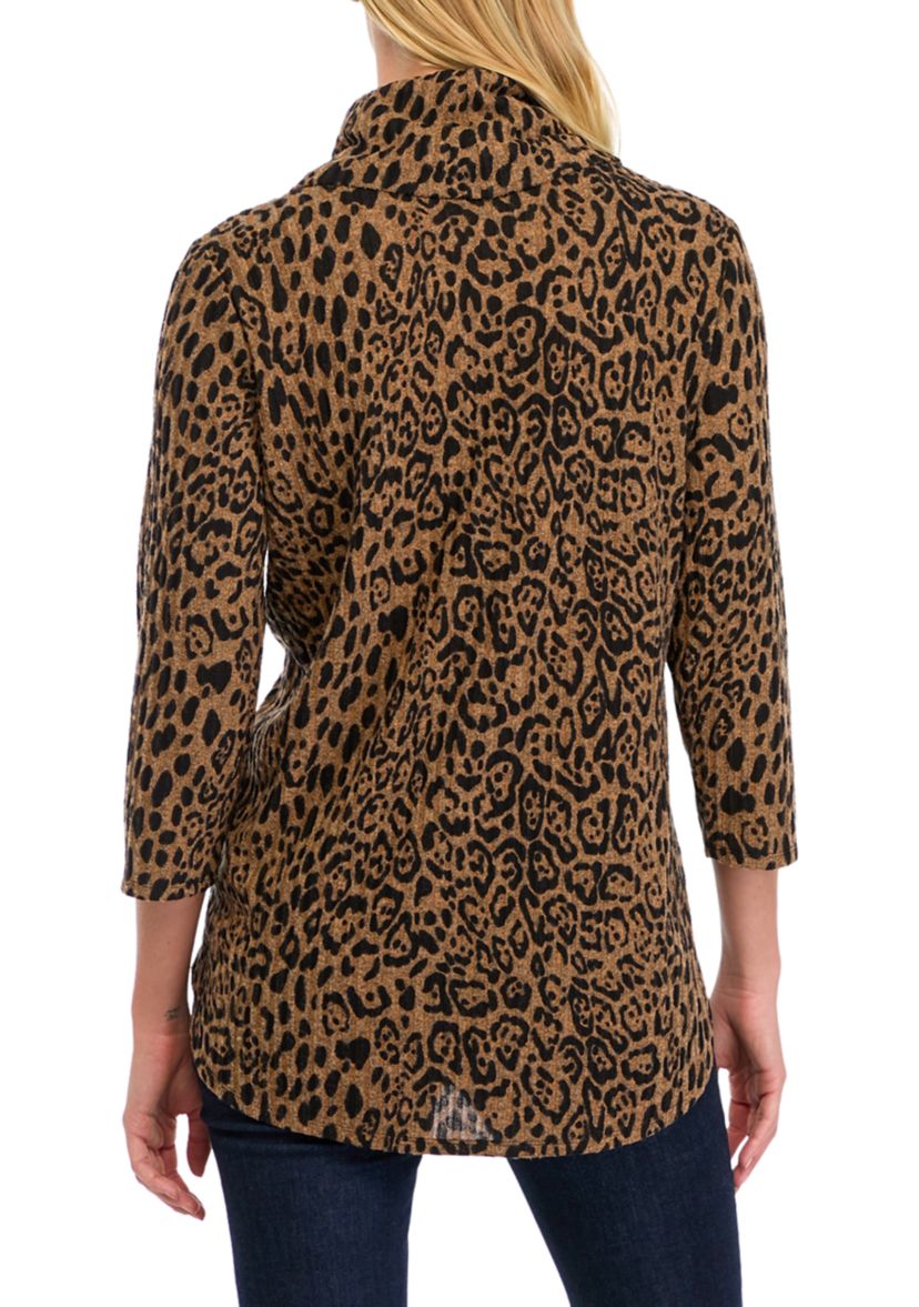 Womens Ribbed Hacci Cowl Neck Printed Top 