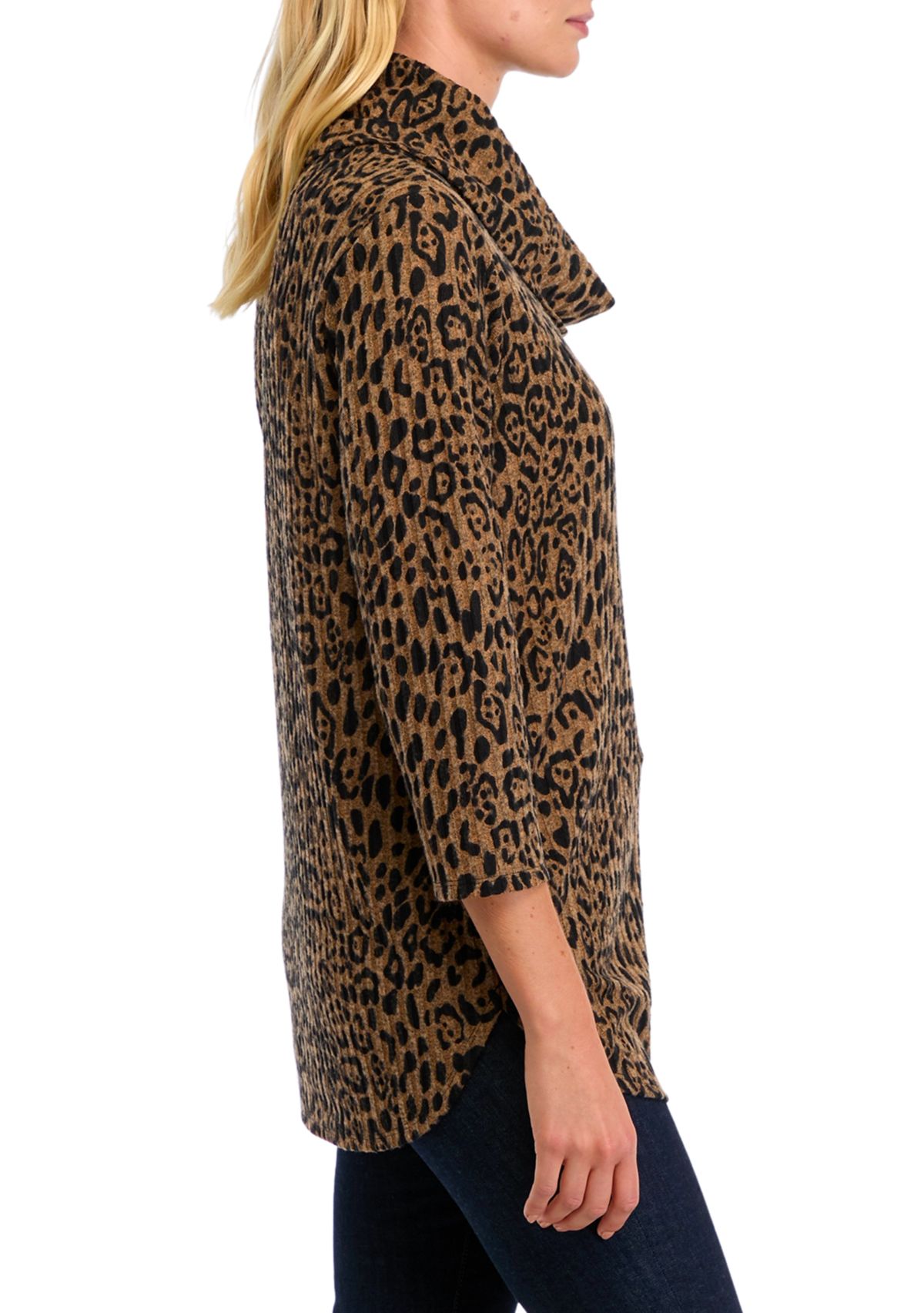 Womens Ribbed Hacci Cowl Neck Printed Top 