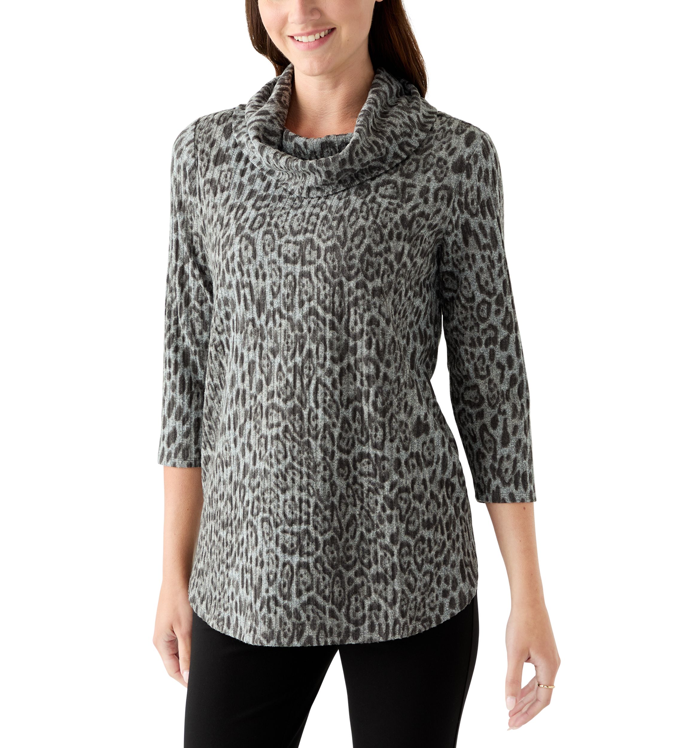 Womens 3/4 Sleeve Cowl Neck Hacci Top