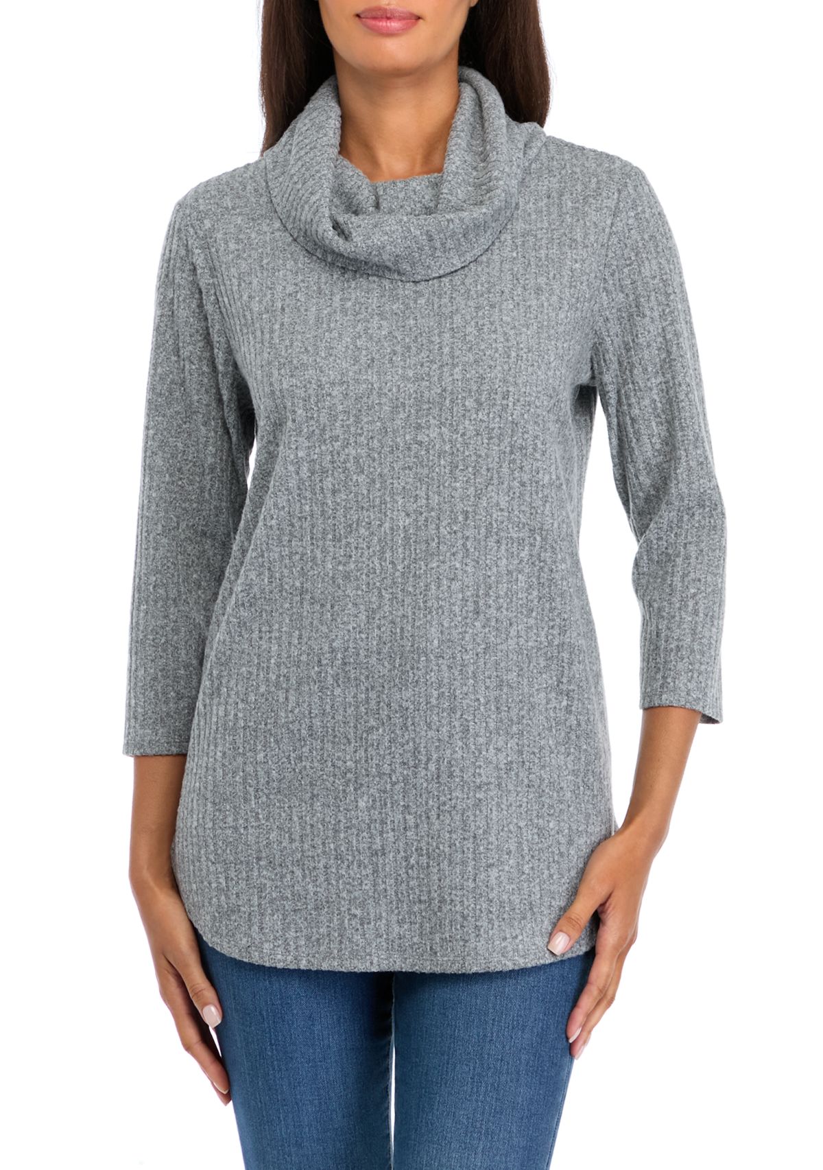 Womens 3/4 Sleeve Cowl Neck Hacci Top 