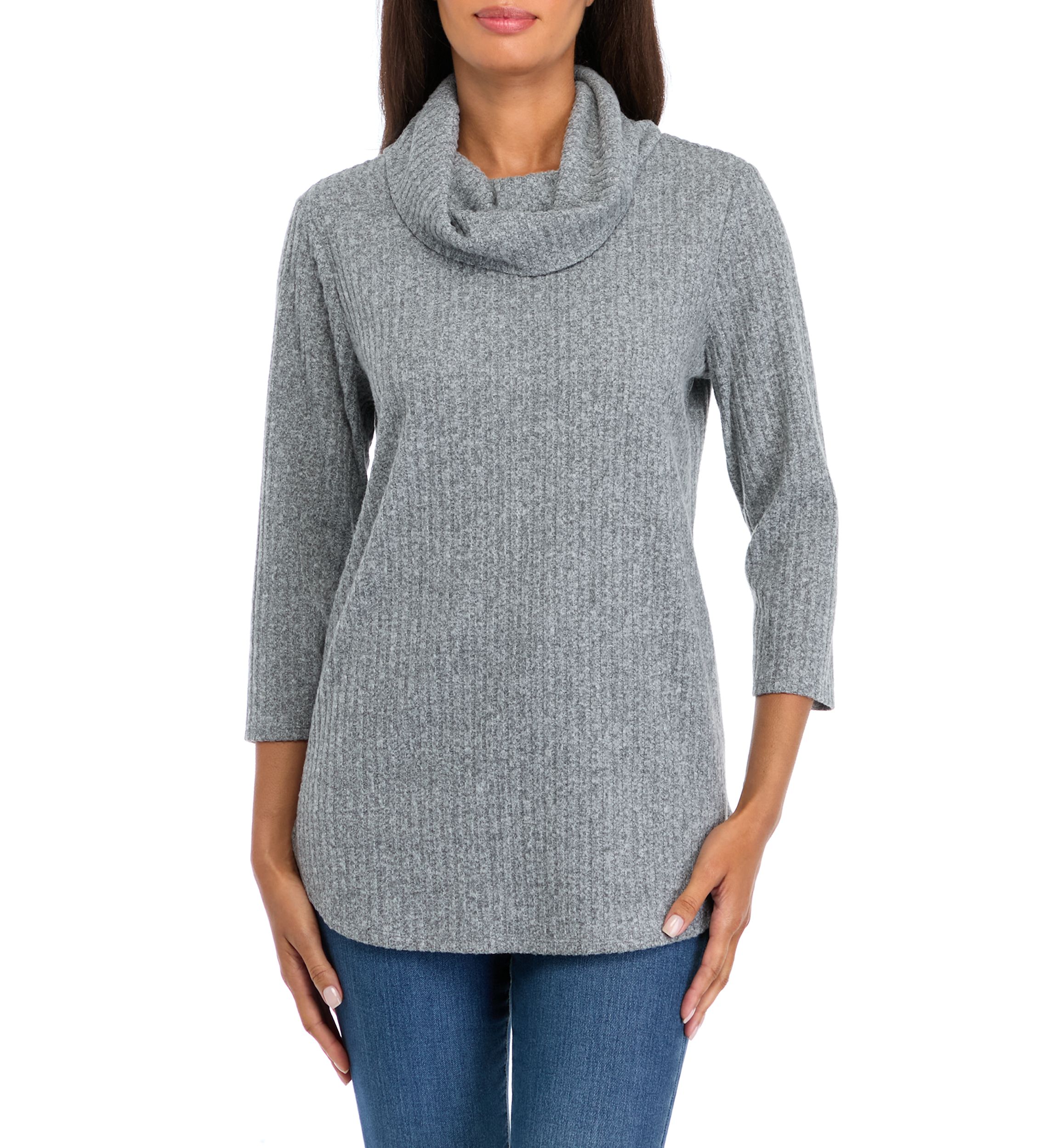 Womens 3/4 Sleeve Cowl Neck Hacci Top 