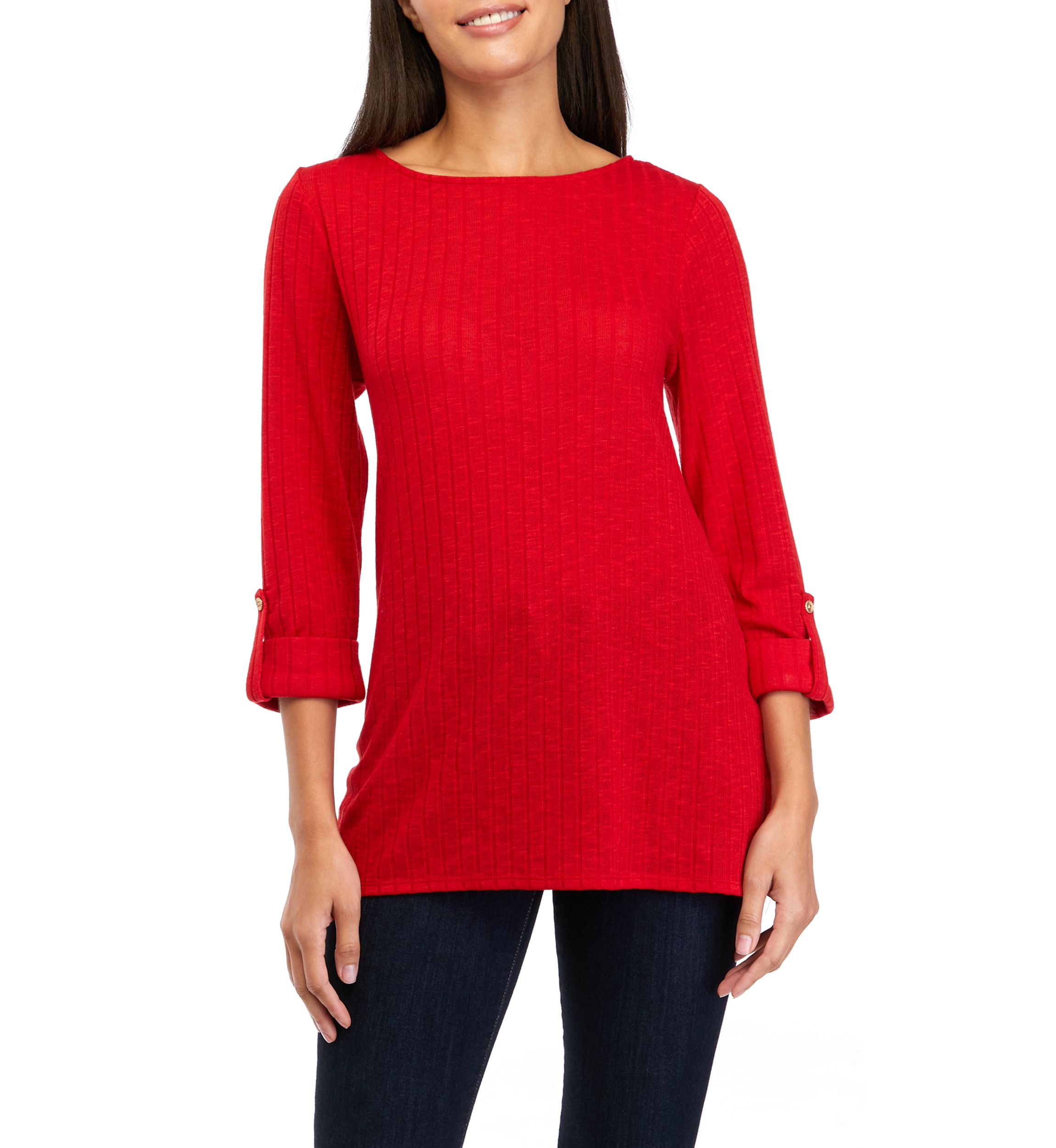 Womens 3/4 Roll Tab Popover Sleeve Top