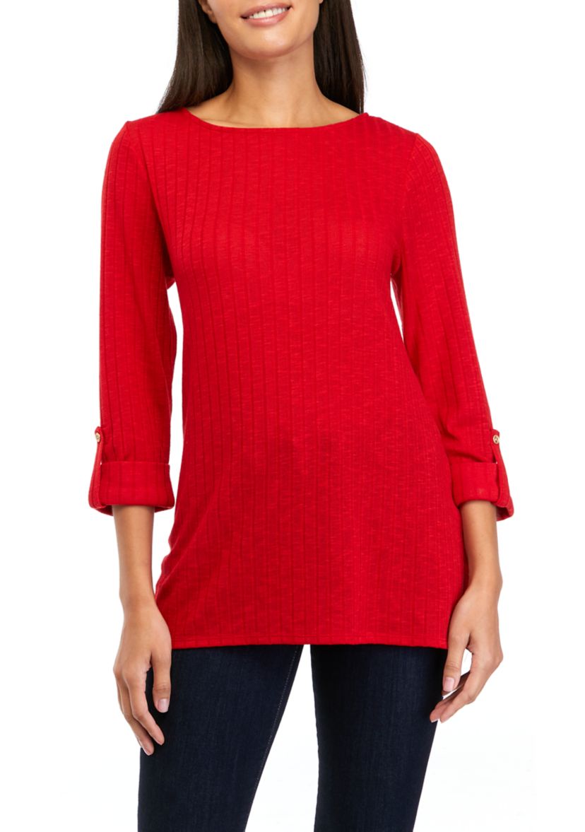 Womens 3/4 Roll Tab Popover Sleeve Top