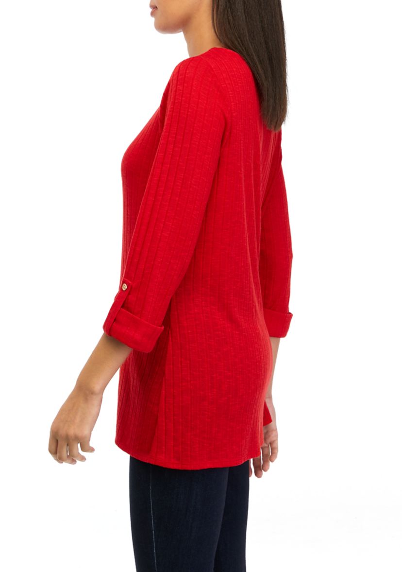 Womens 3/4 Roll Tab Popover Sleeve Top