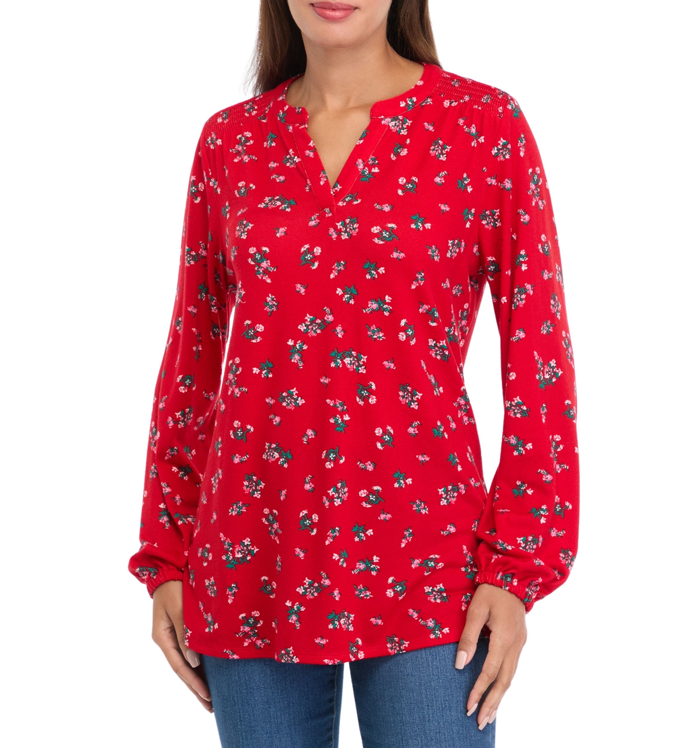 Womens Long Sleeve Printed Hacci Henley Shirt