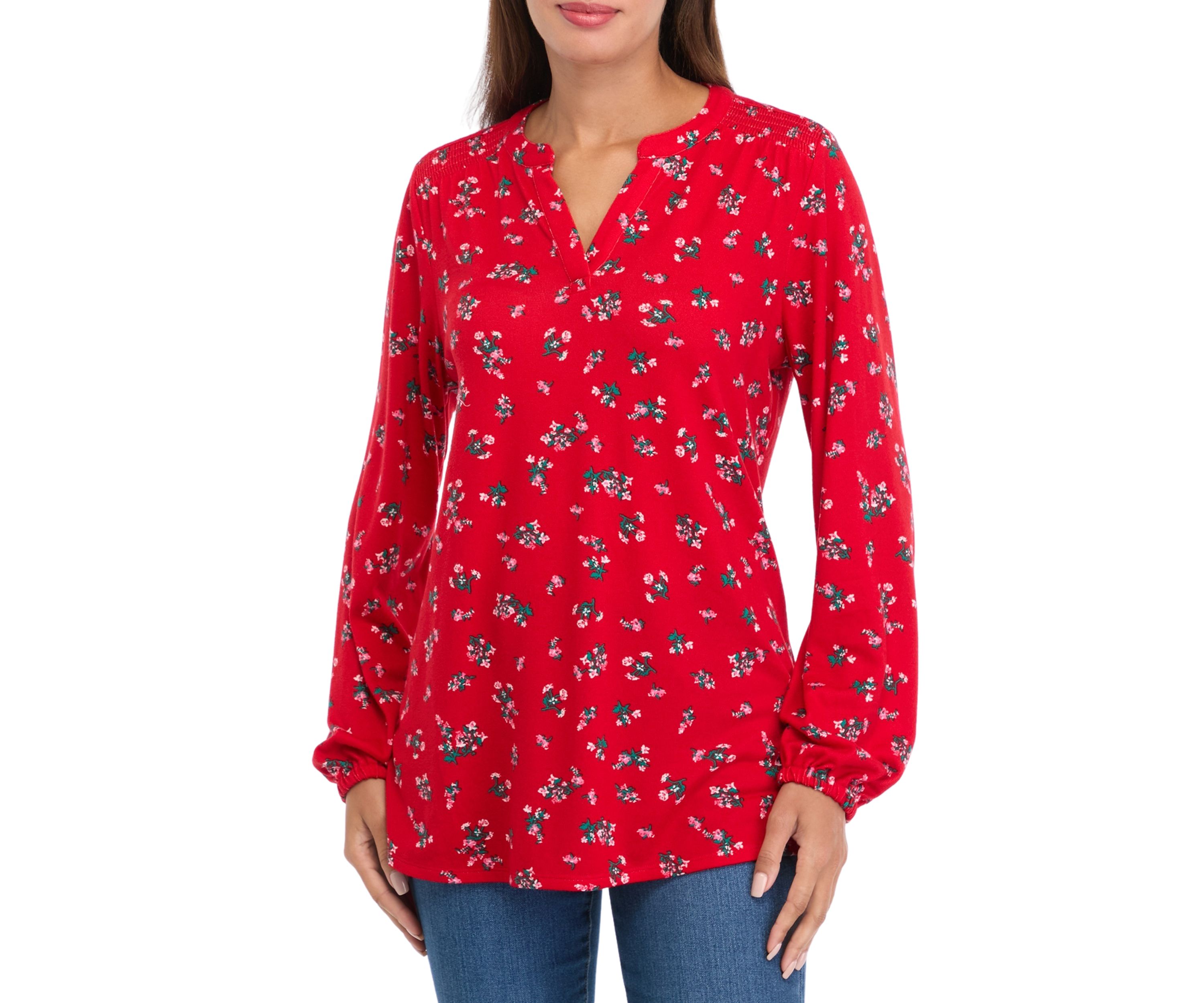 Womens Long Sleeve Printed Hacci Henley Shirt