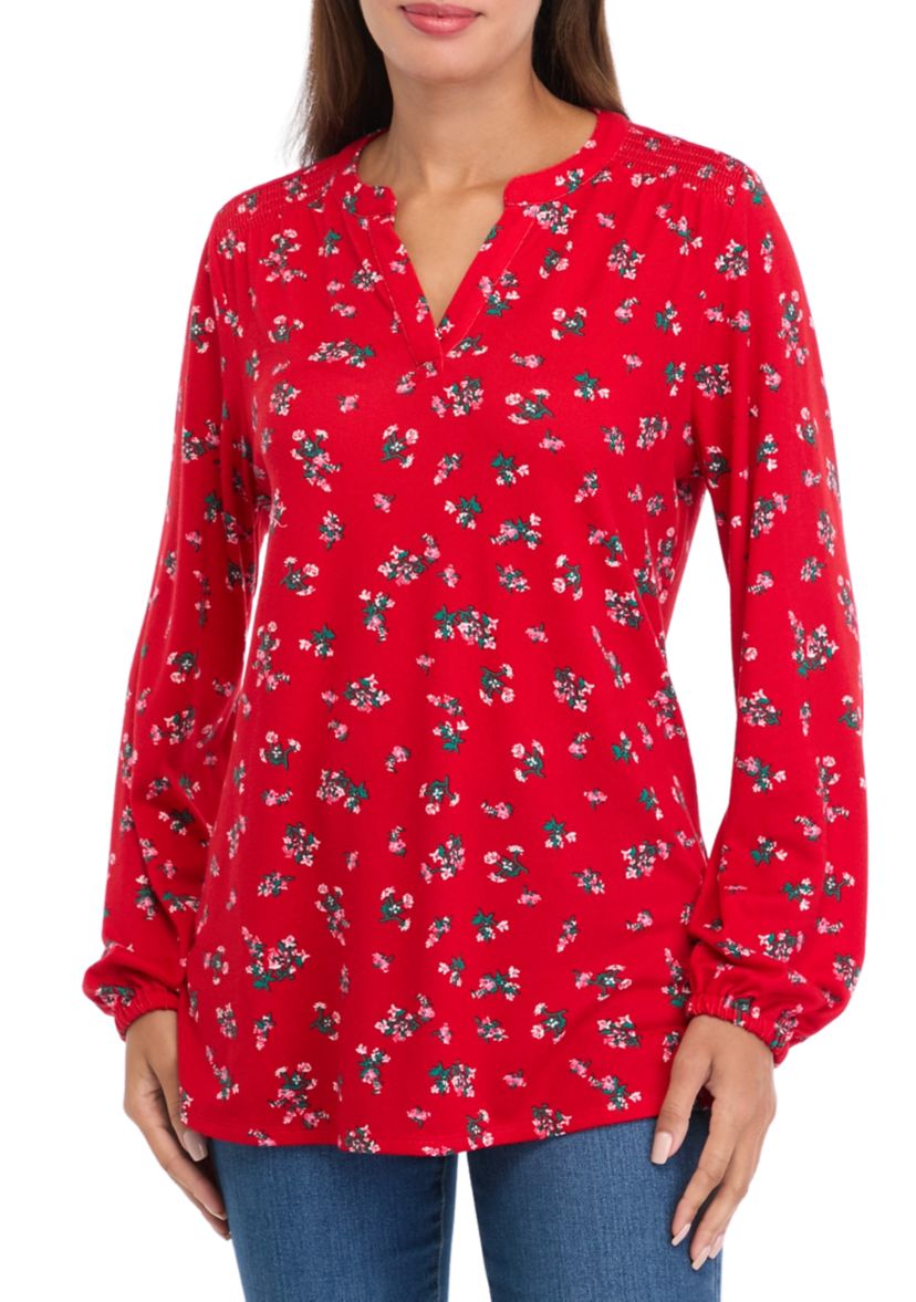 Womens Long Sleeve Printed Hacci Henley Shirt
