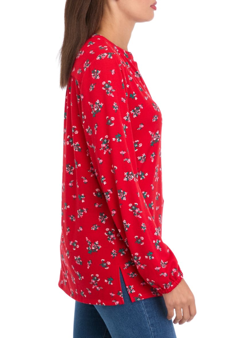 Womens Long Sleeve Printed Hacci Henley Shirt