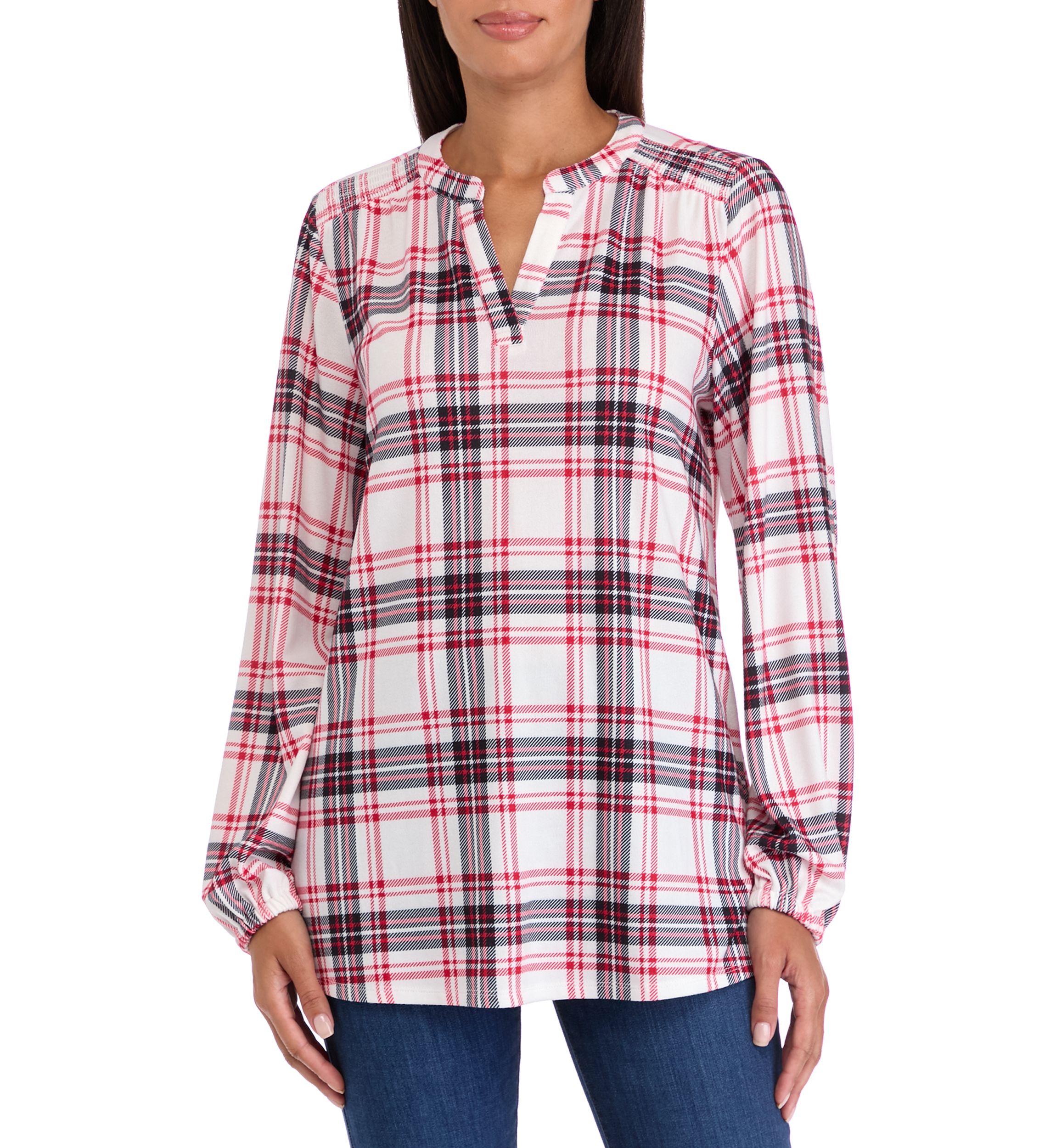 Womens Blouson Sleeve Printed Hacci Henley Shirt 