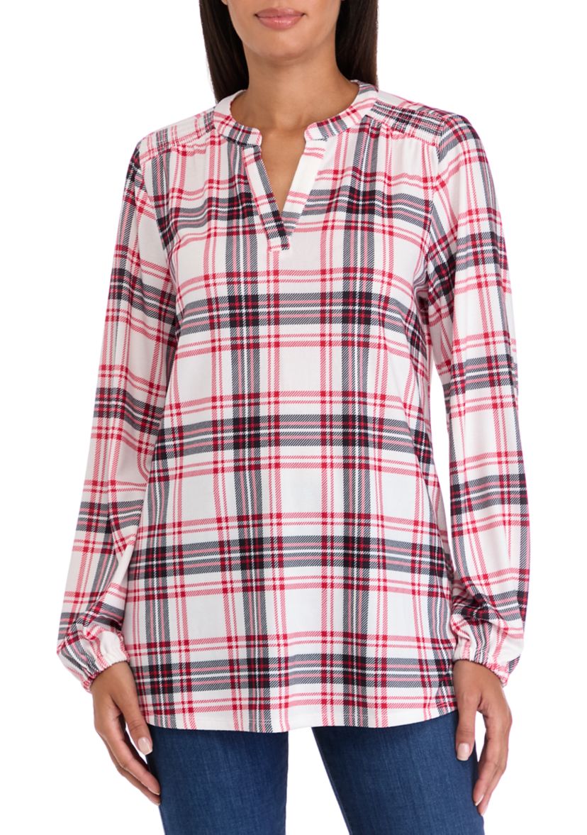 Womens Blouson Sleeve Printed Hacci Henley Shirt 