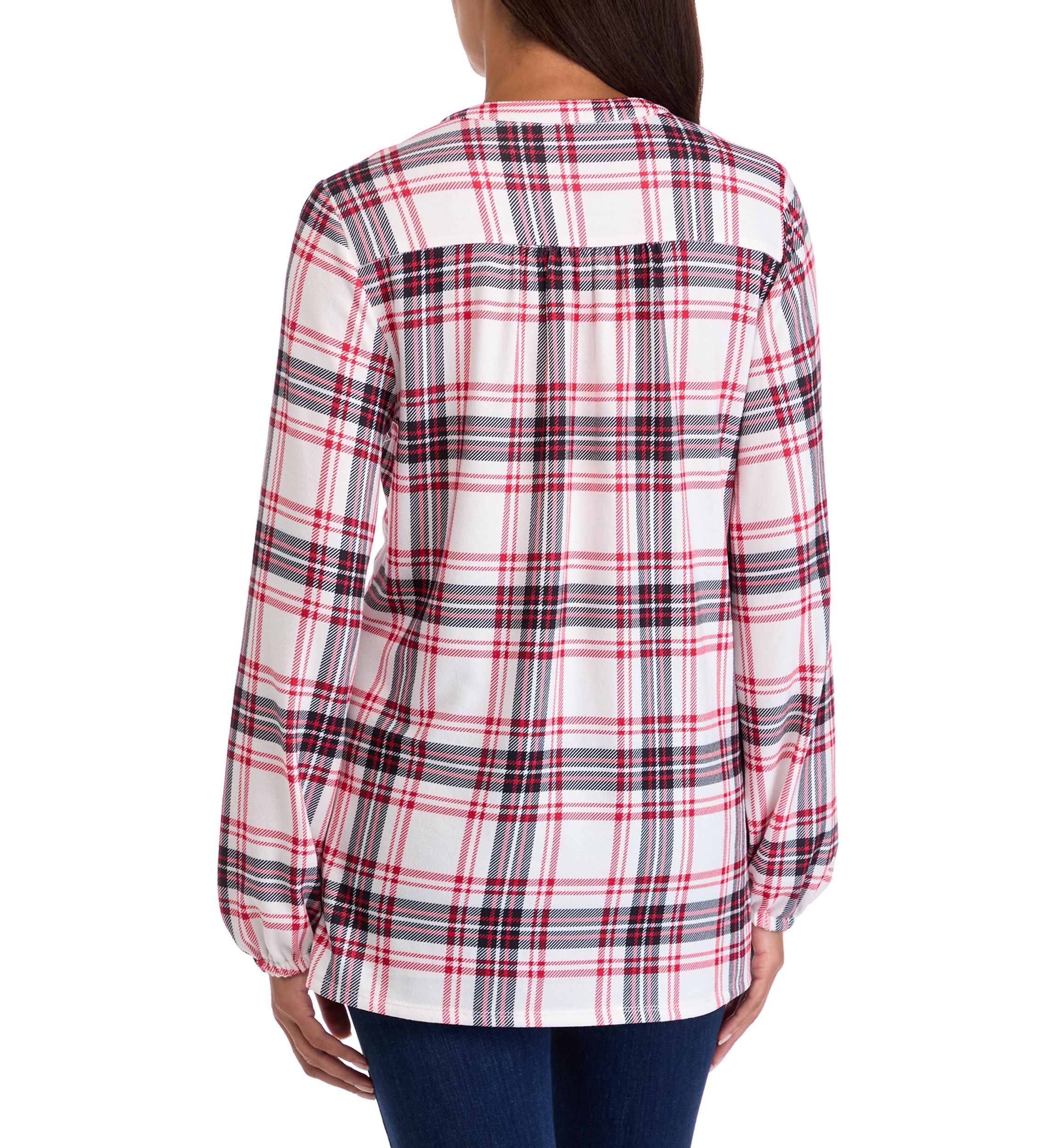 Womens Blouson Sleeve Printed Hacci Henley Shirt 