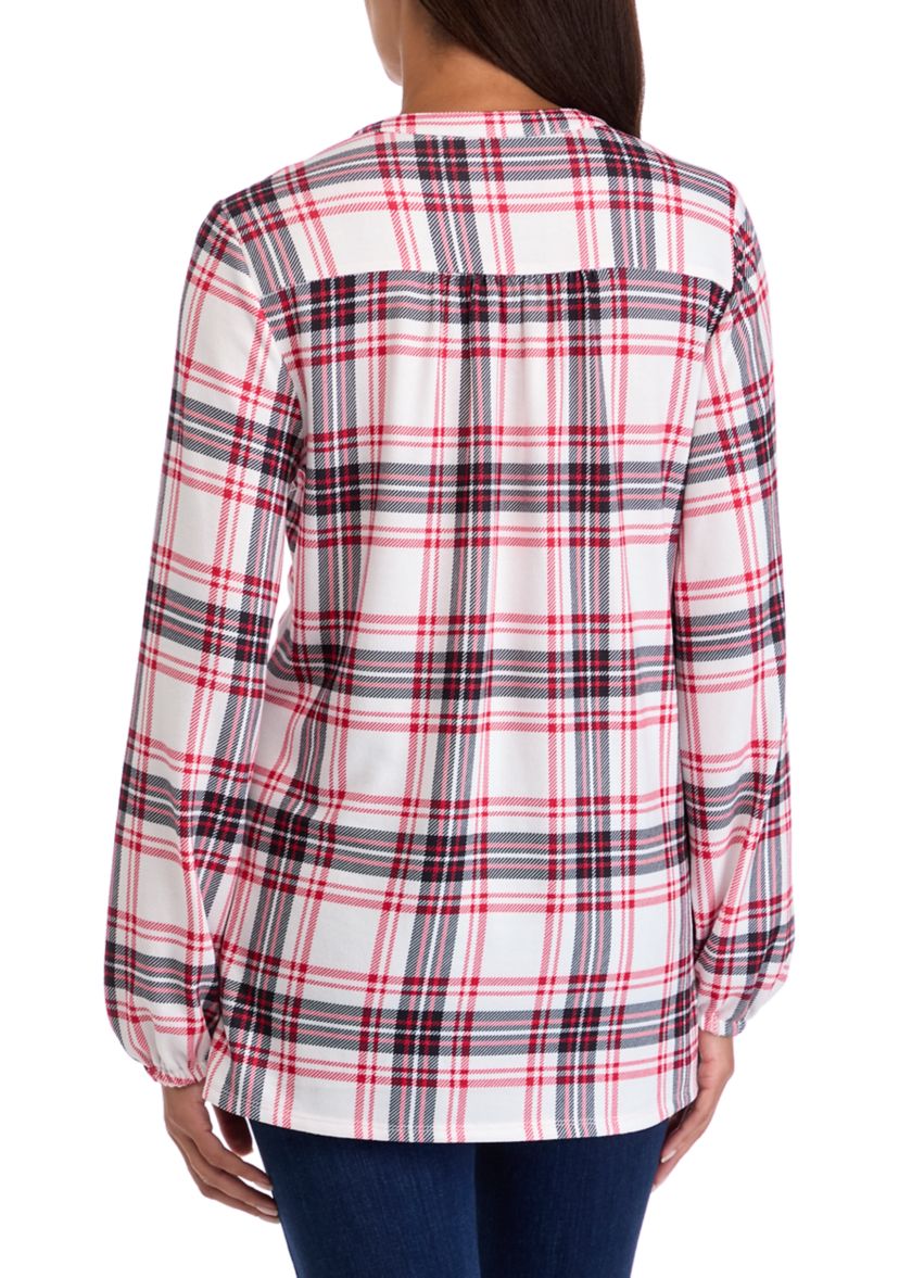 Womens Blouson Sleeve Printed Hacci Henley Shirt 