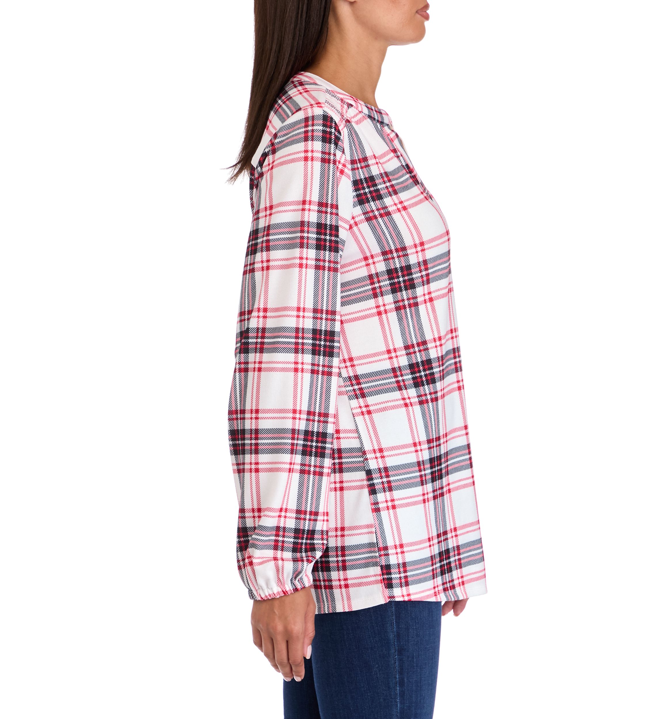 Womens Blouson Sleeve Printed Hacci Henley Shirt 