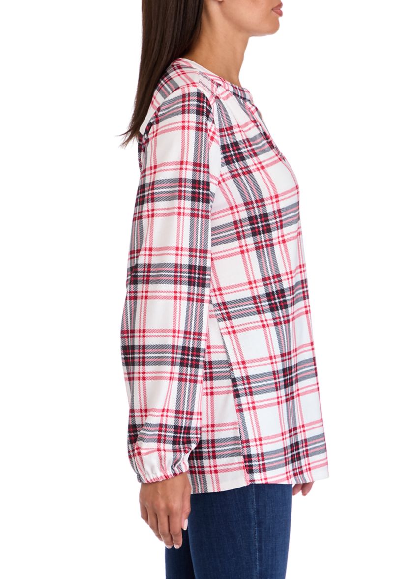 Womens Blouson Sleeve Printed Hacci Henley Shirt 