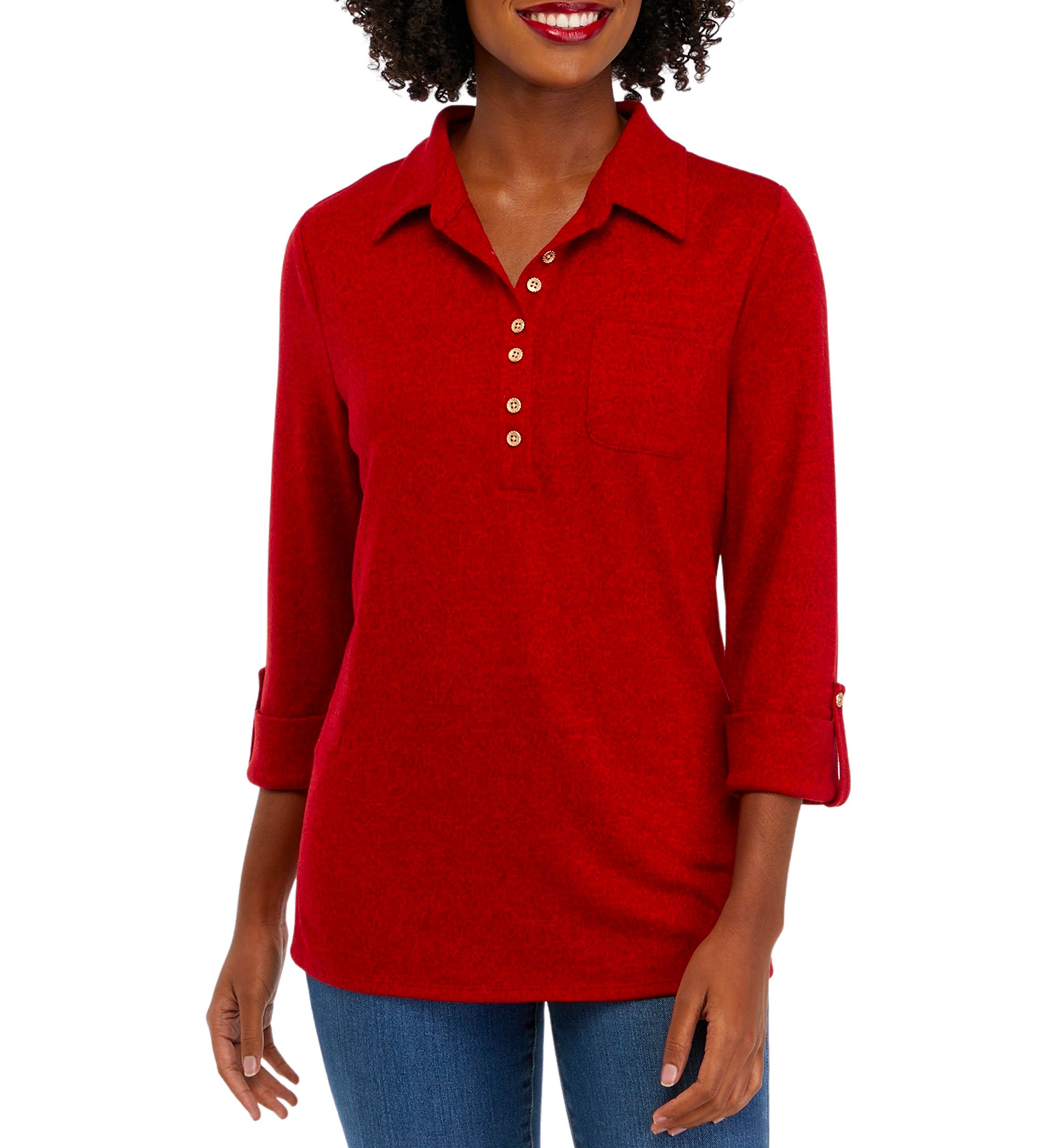 Womens Solid Roll Tab Sleeve Top