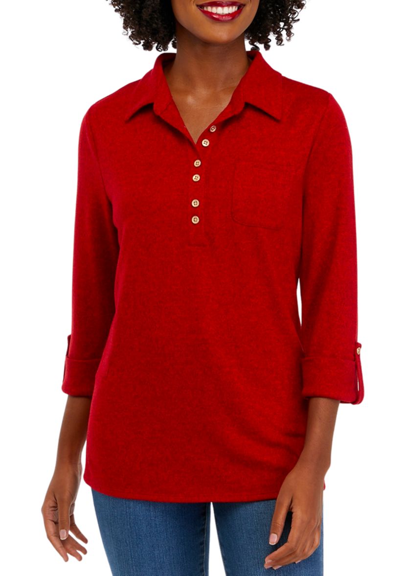 Womens Solid Roll Tab Sleeve Top