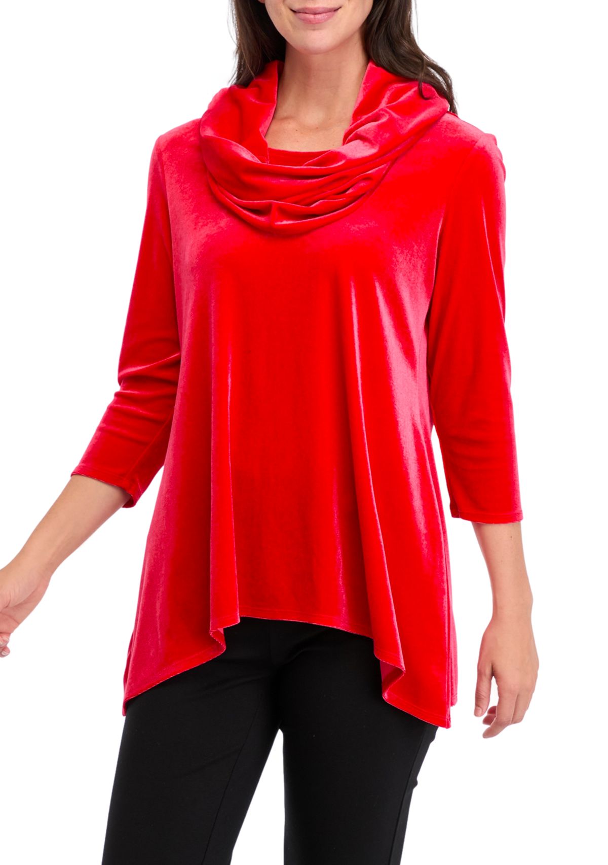 Womens Knit Velvet Shark Bite Cowl Neck Top