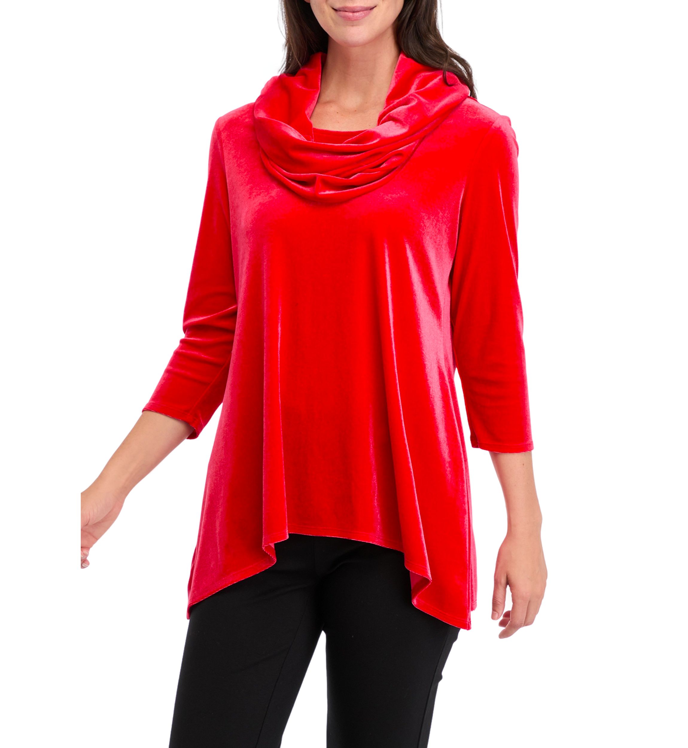 Womens Knit Velvet Shark Bite Cowl Neck Top