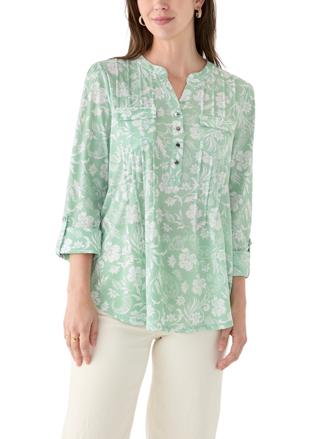 Womens 3/4 Sleeve Knit Henley Shirt with Pockets