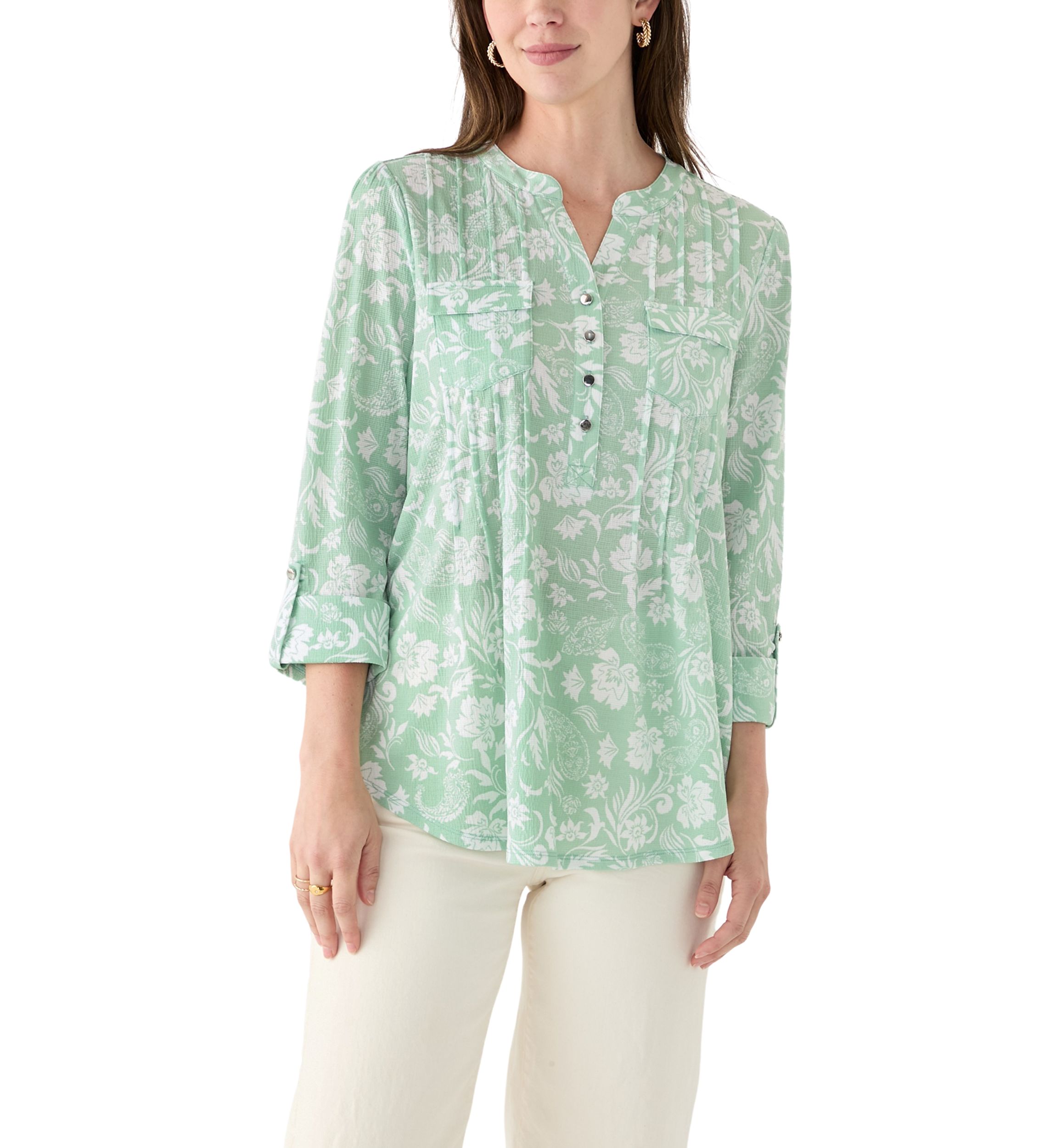 Womens 3/4 Sleeve Knit Henley Shirt with Pockets