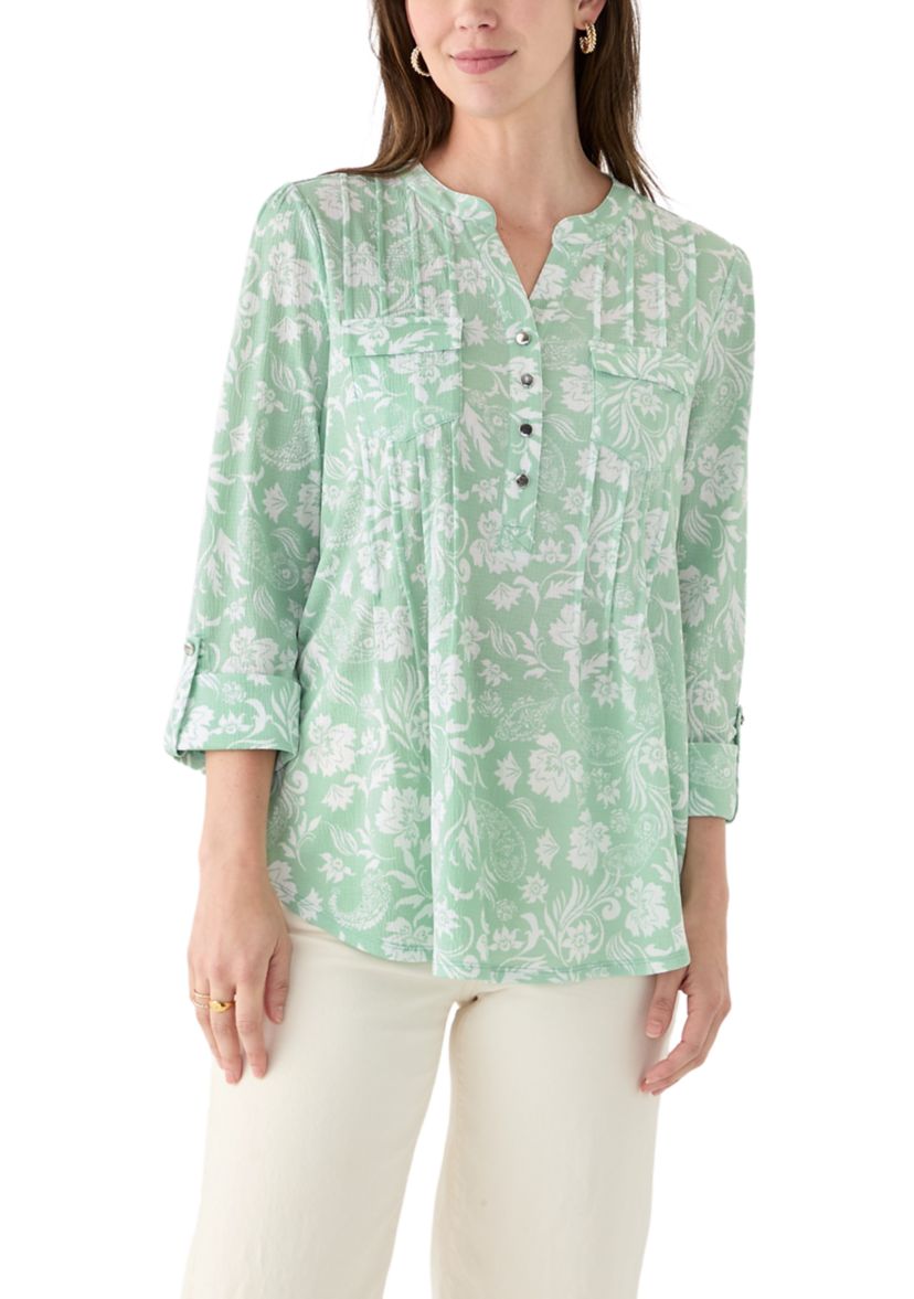 Womens 3/4 Sleeve Knit Henley Shirt with Pockets