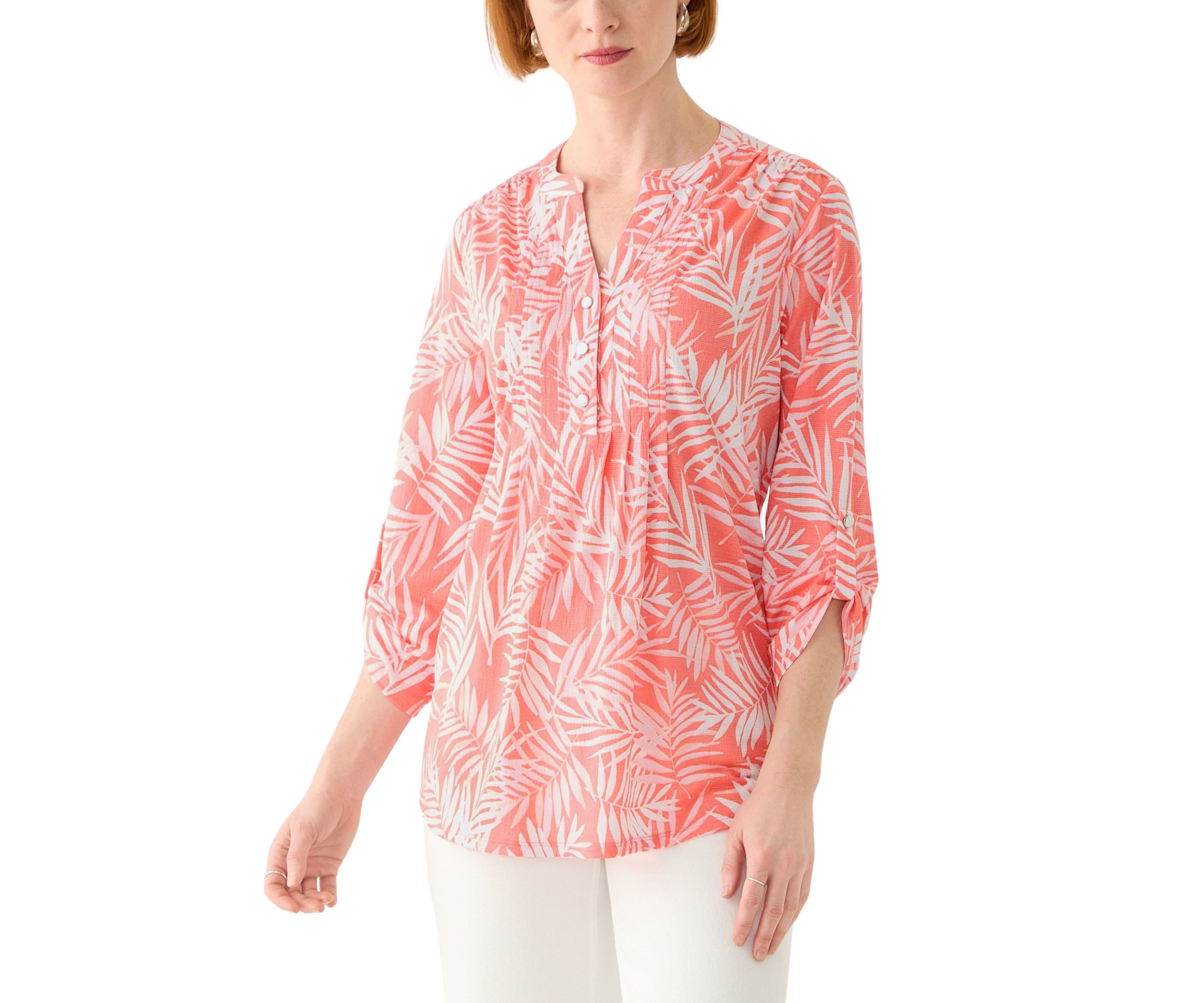 Womens 3/4 Sleeve Texture Knit Henley Top
