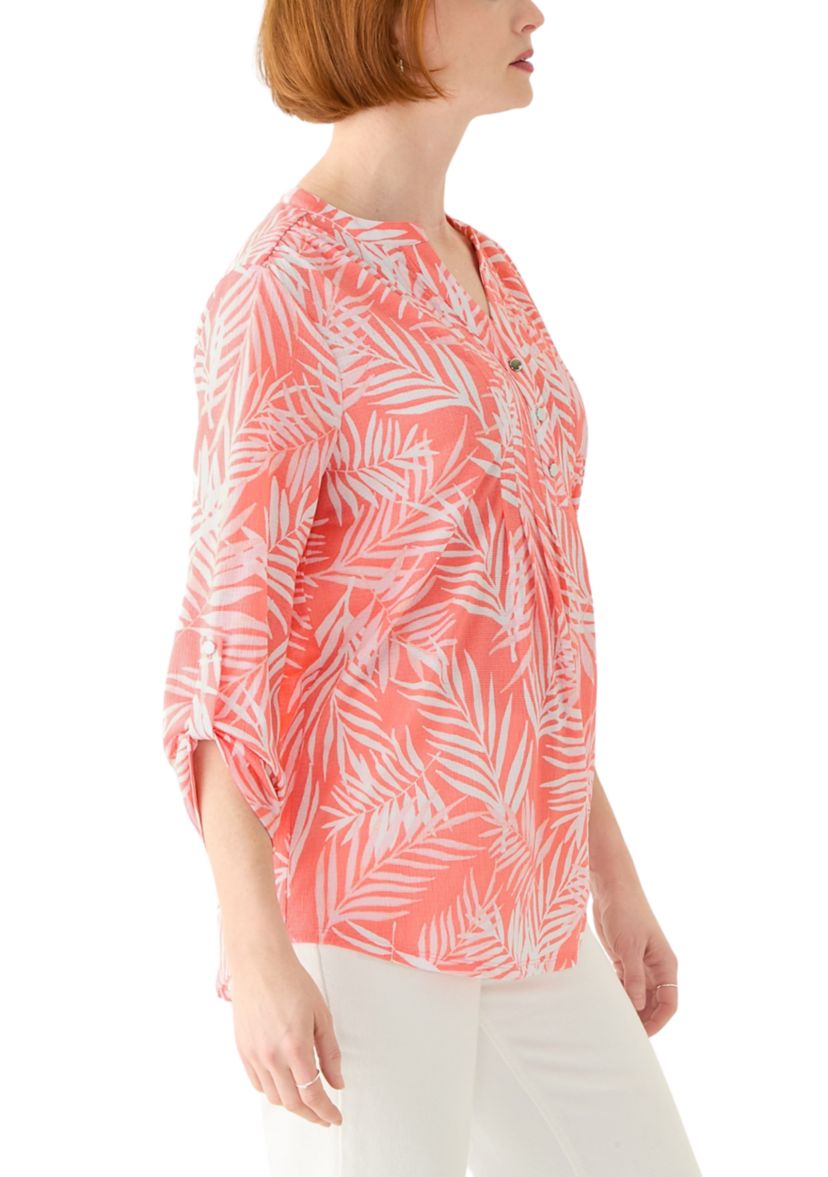 Womens 3/4 Sleeve Texture Knit Henley Top