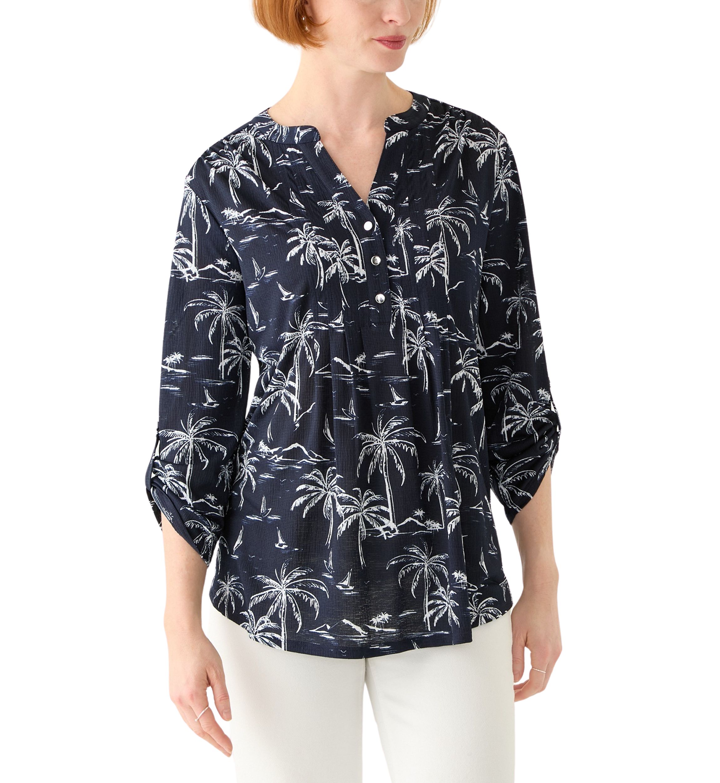 Womens 3/4 Sleeve Texture Knit Henley Top