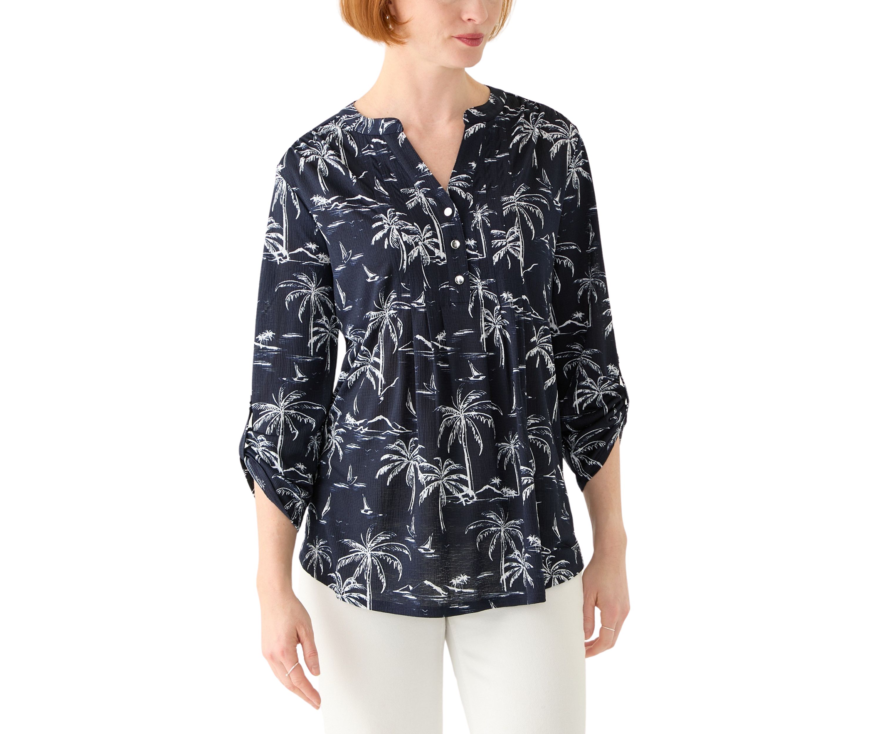Womens 3/4 Sleeve Texture Knit Henley Top