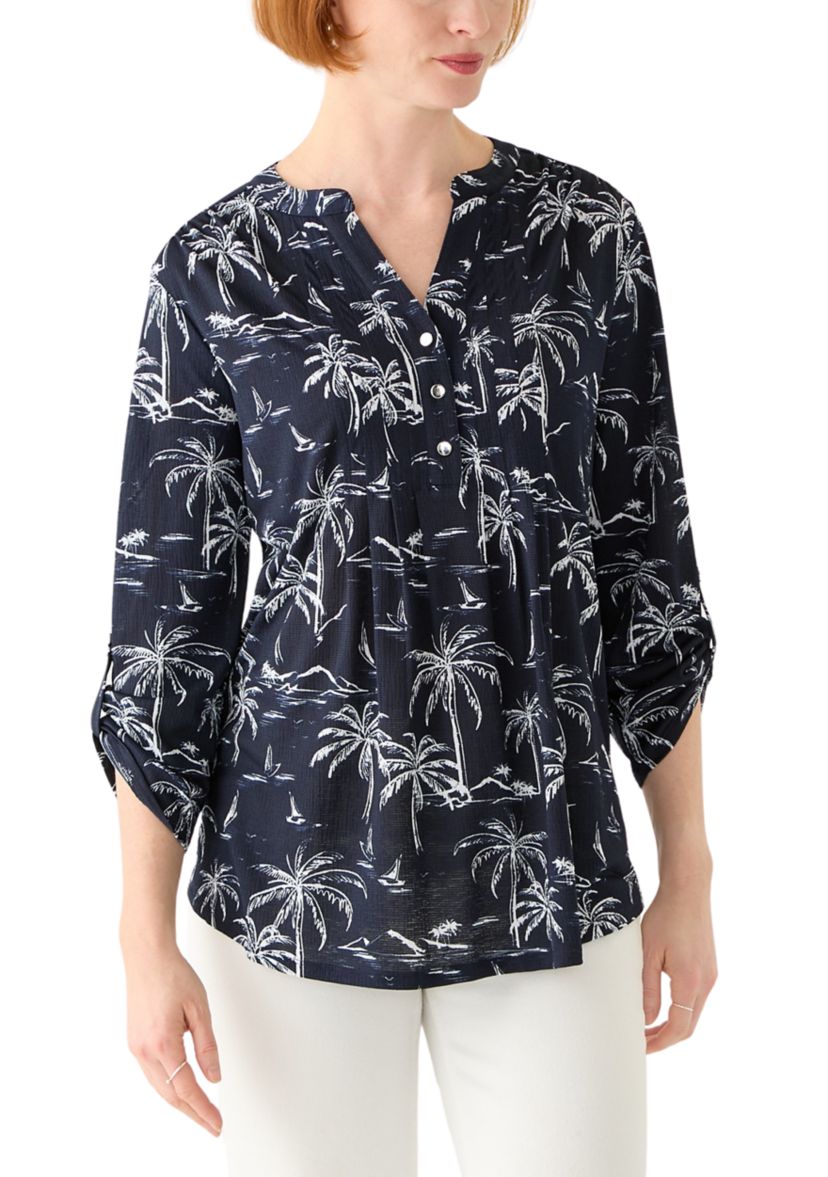 Womens 3/4 Sleeve Texture Knit Henley Top