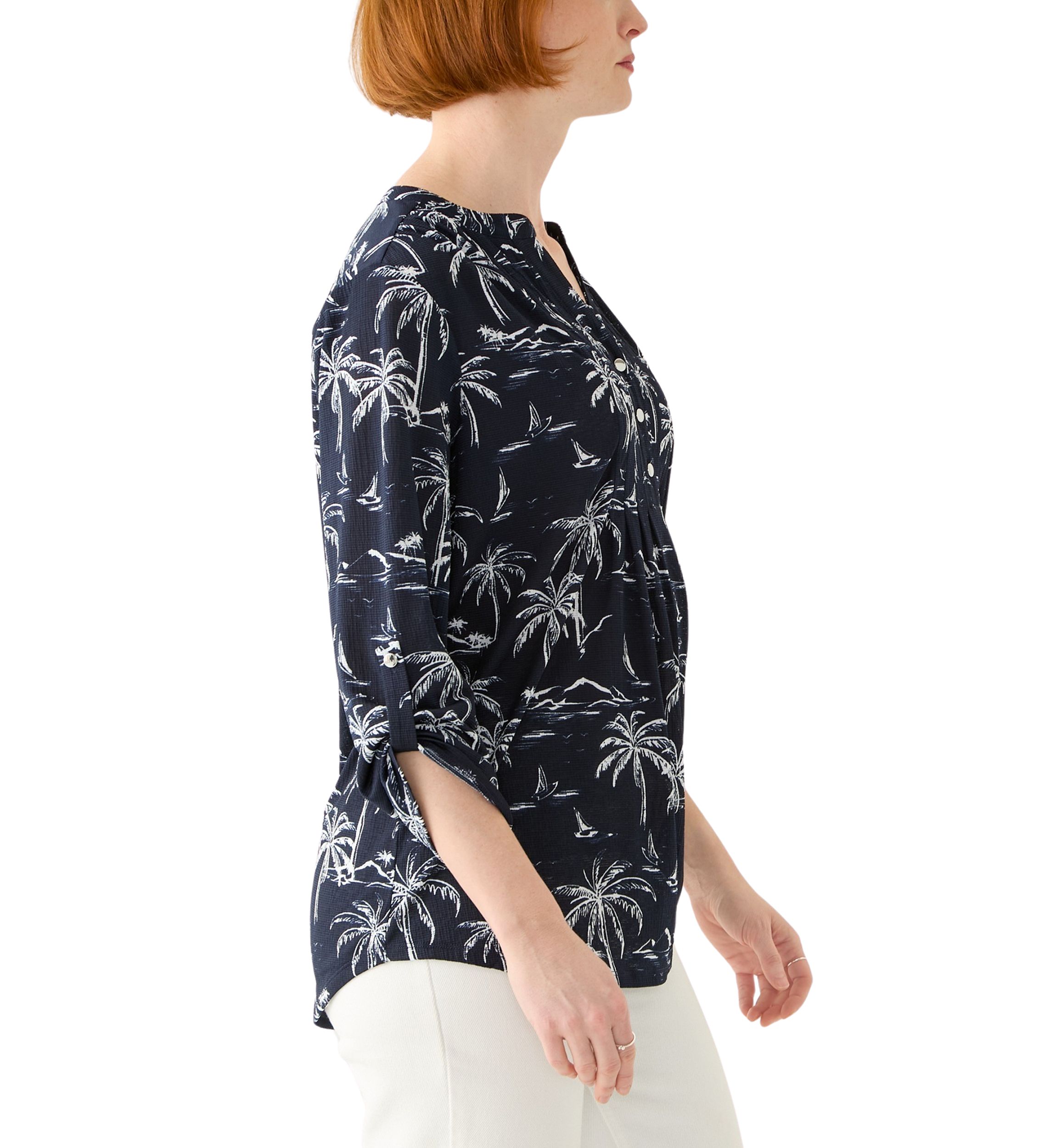 Womens 3/4 Sleeve Texture Knit Henley Top