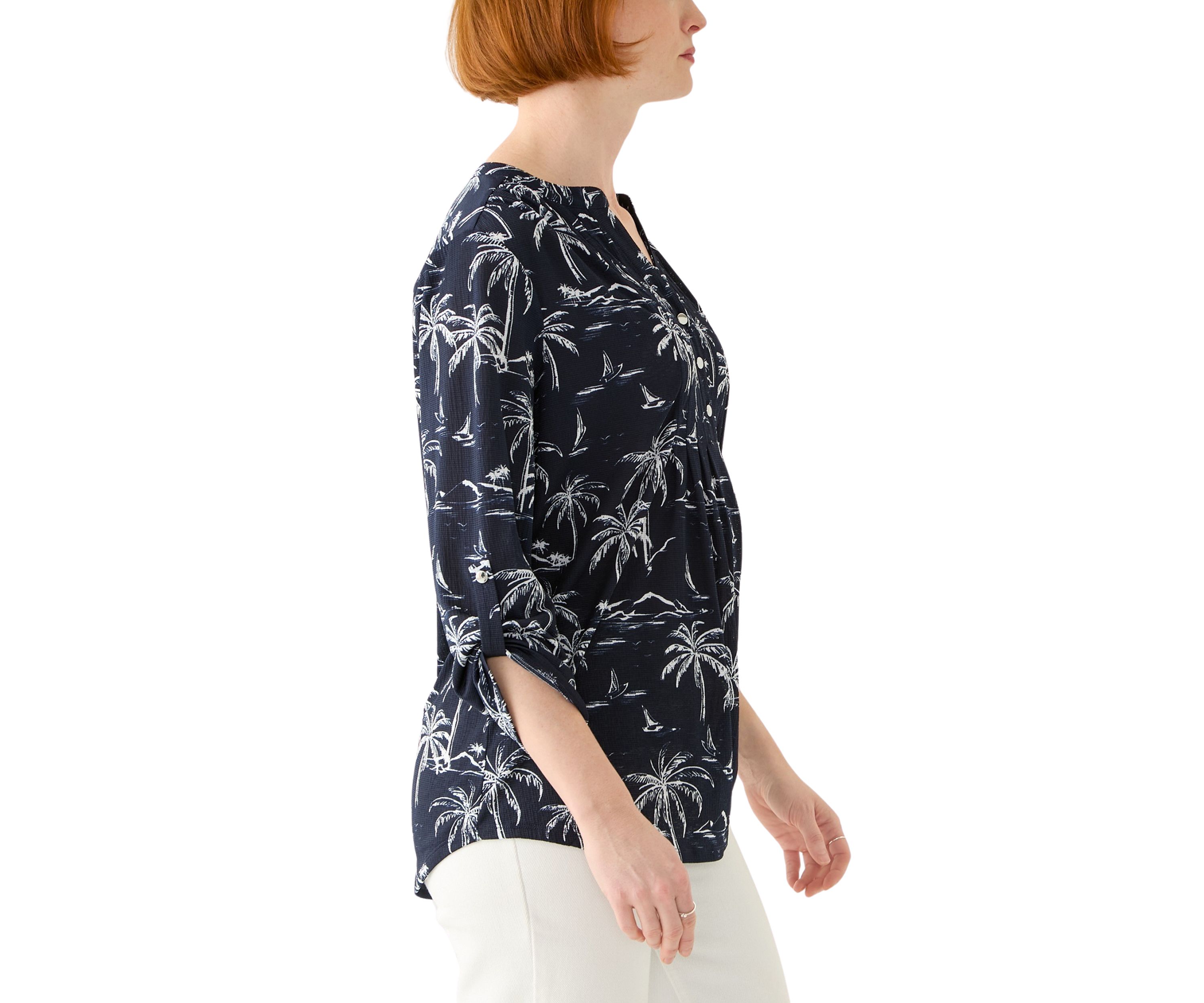 Womens 3/4 Sleeve Texture Knit Henley Top