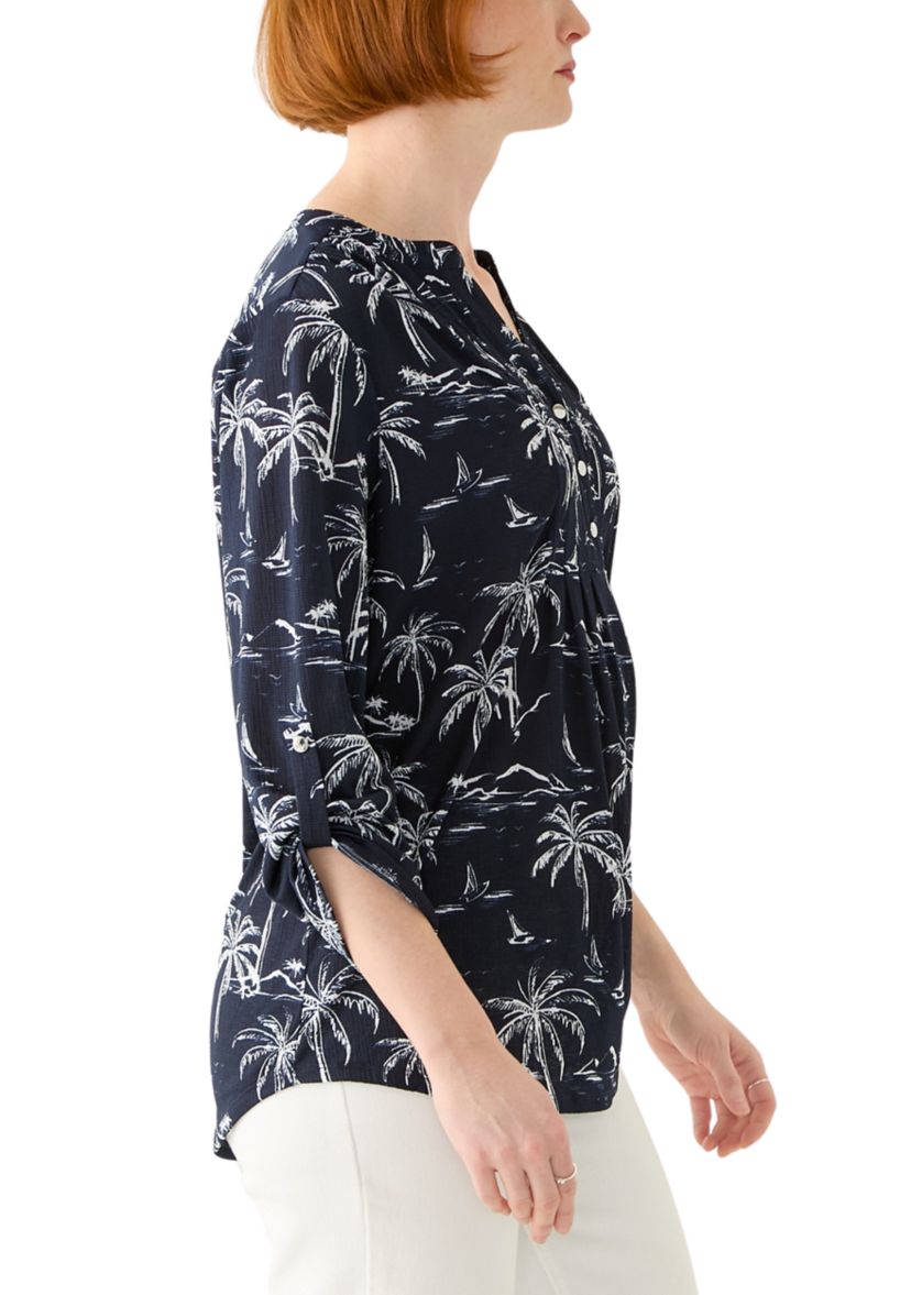 Womens 3/4 Sleeve Texture Knit Henley Top