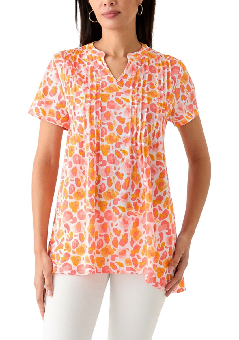 Womens Printed Pintuck Detail Top