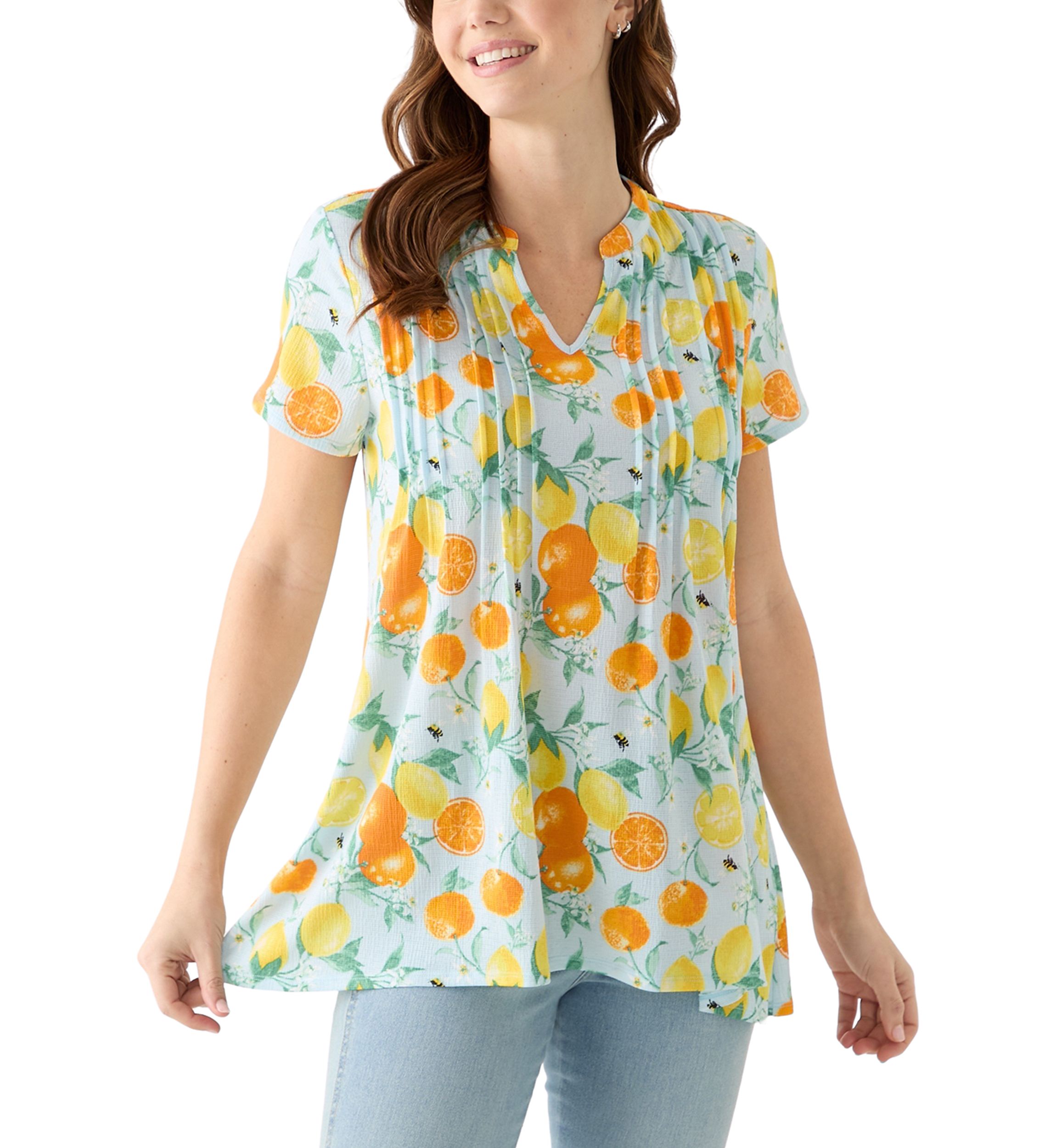 Womens Pintuck Detail Printed Top