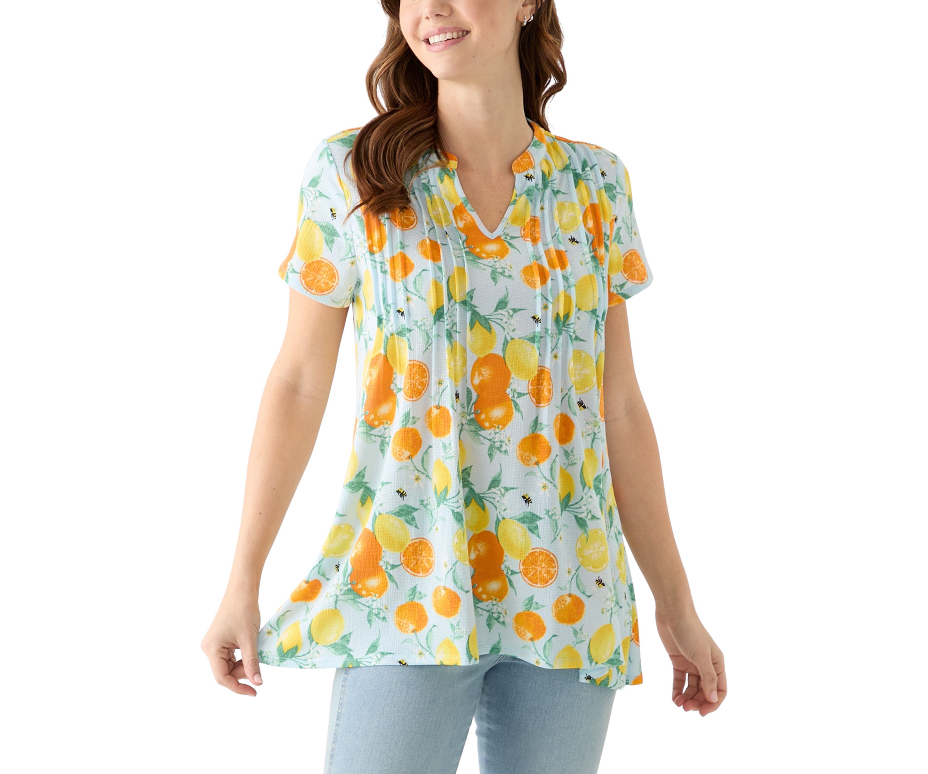 Womens Pintuck Detail Printed Top