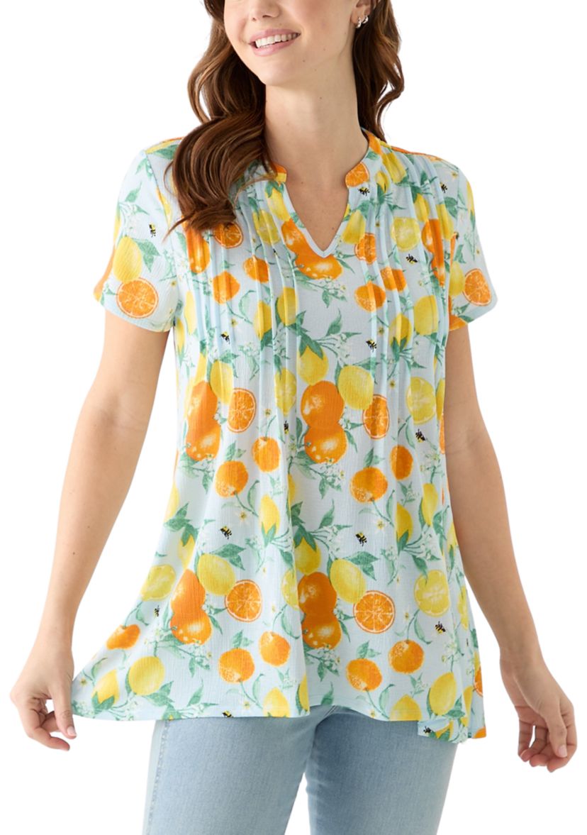 Womens Pintuck Detail Printed Top
