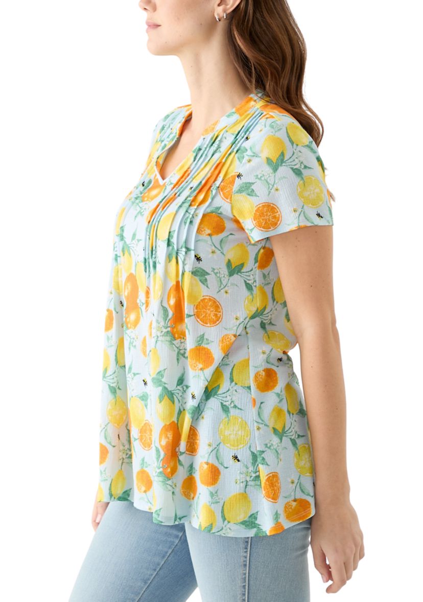 Womens Pintuck Detail Printed Top