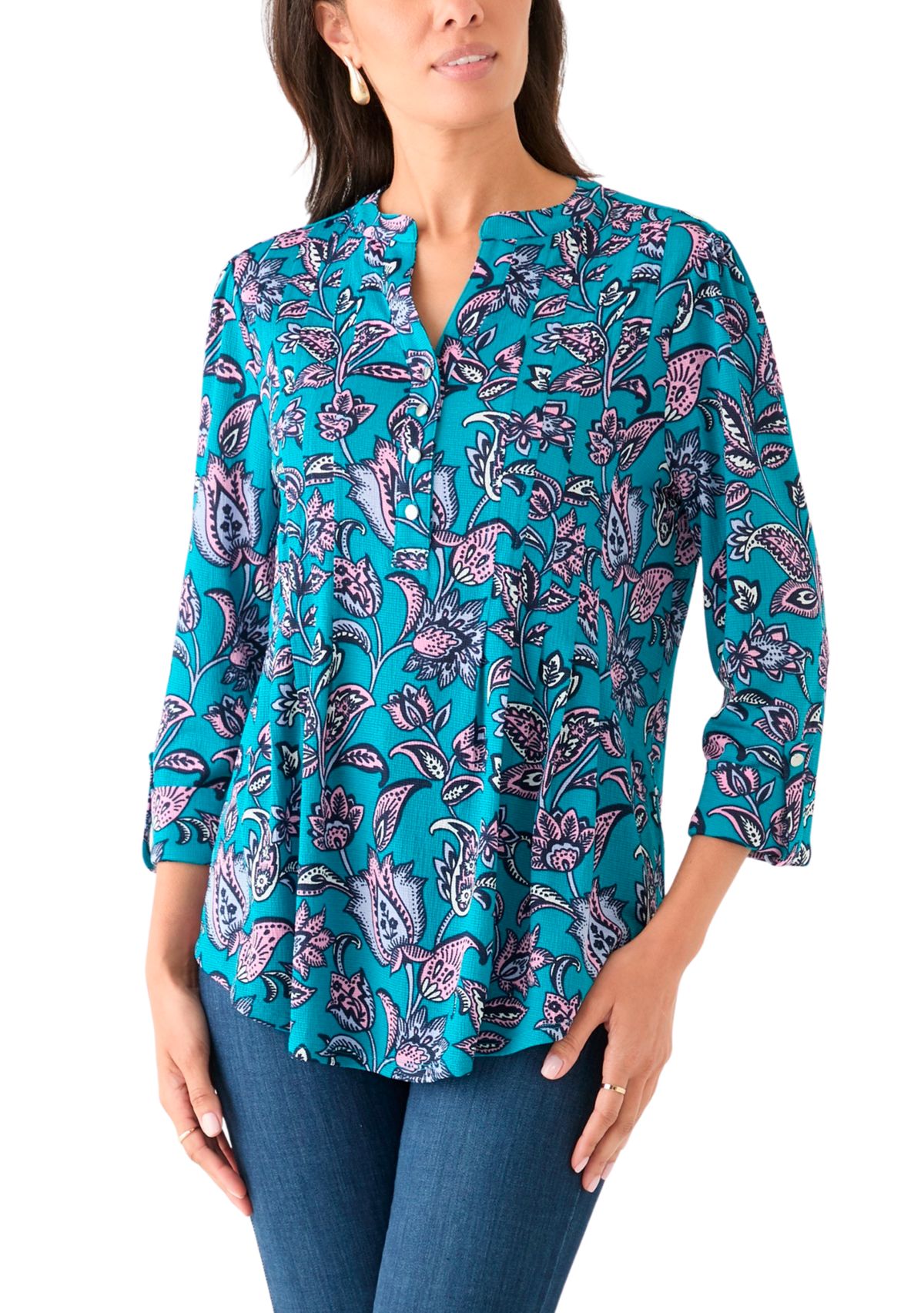 Womens 3/4 Sleeve Printed Henley Top