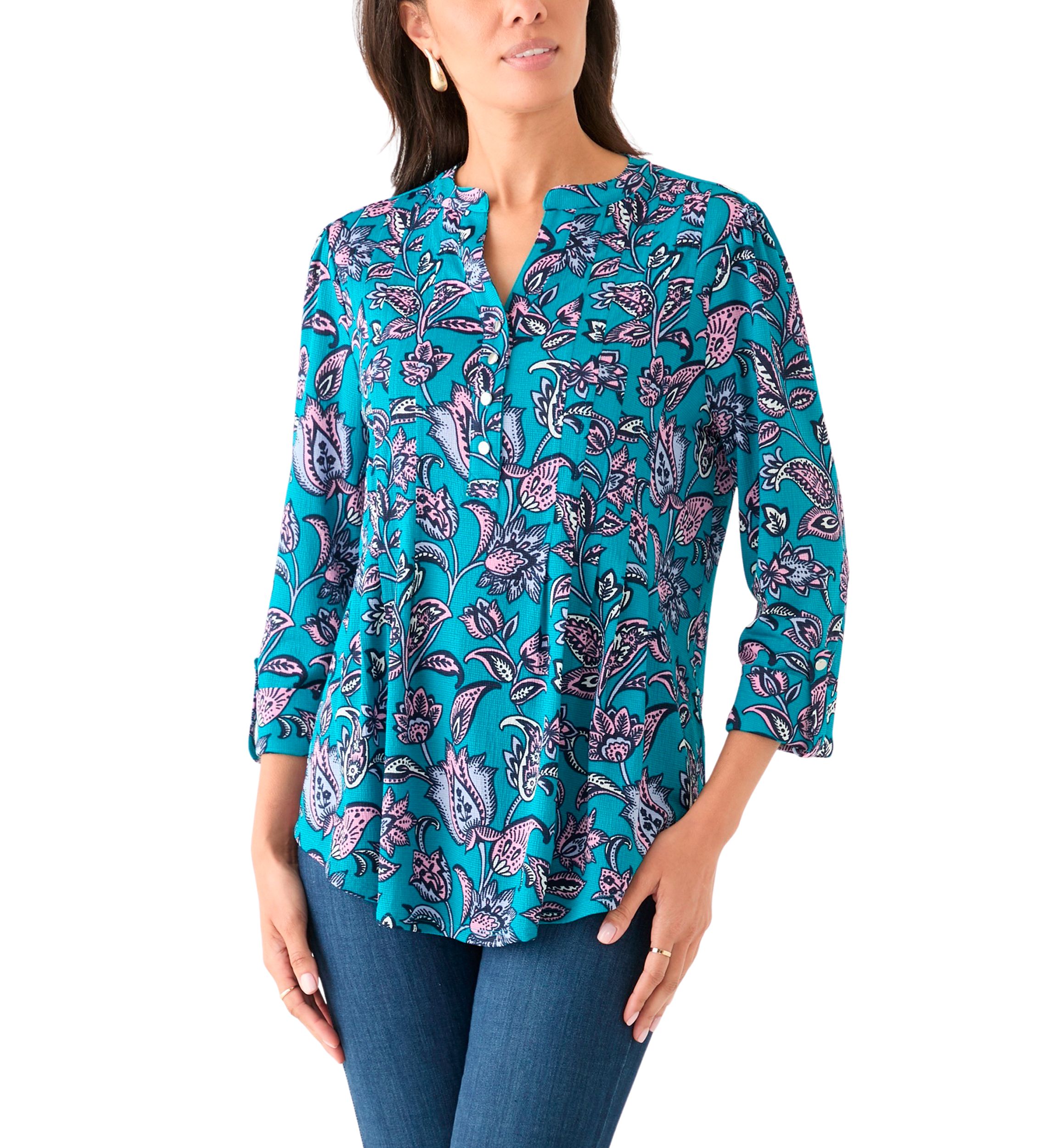 Womens 3/4 Sleeve Printed Henley Top