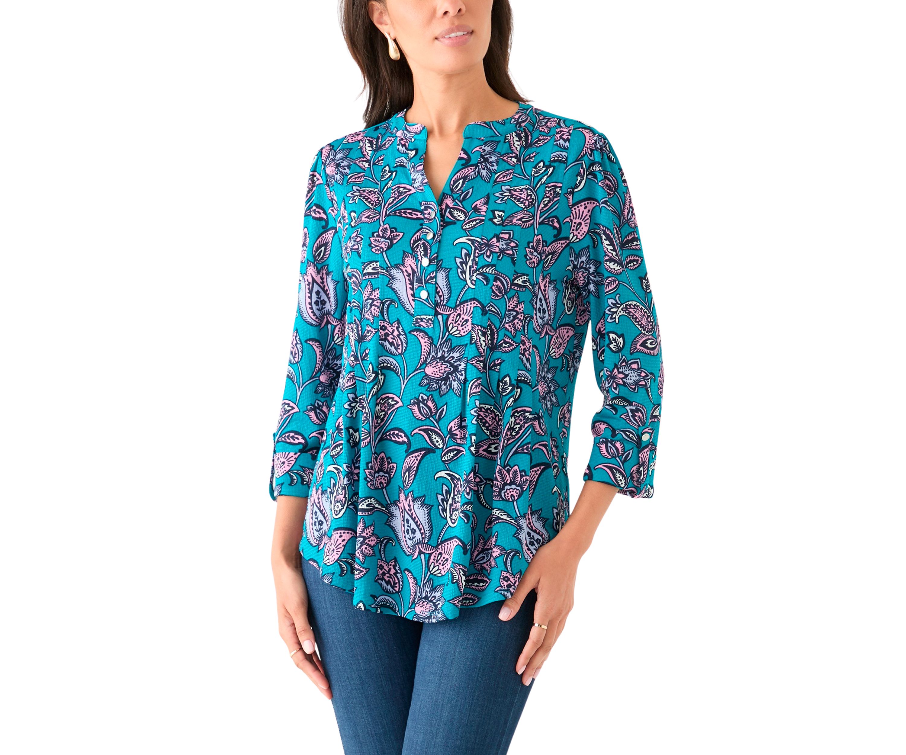 Womens 3/4 Sleeve Printed Henley Top