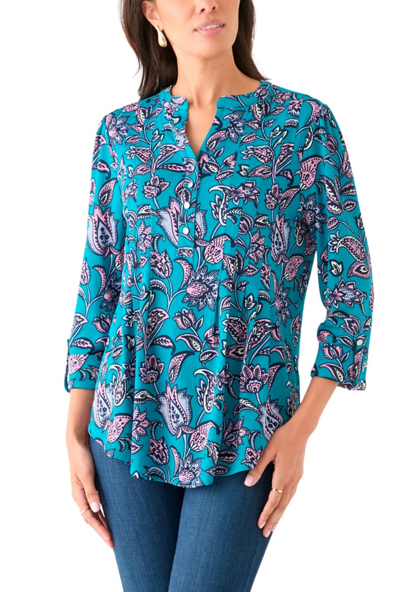 Womens 3/4 Sleeve Printed Henley Top