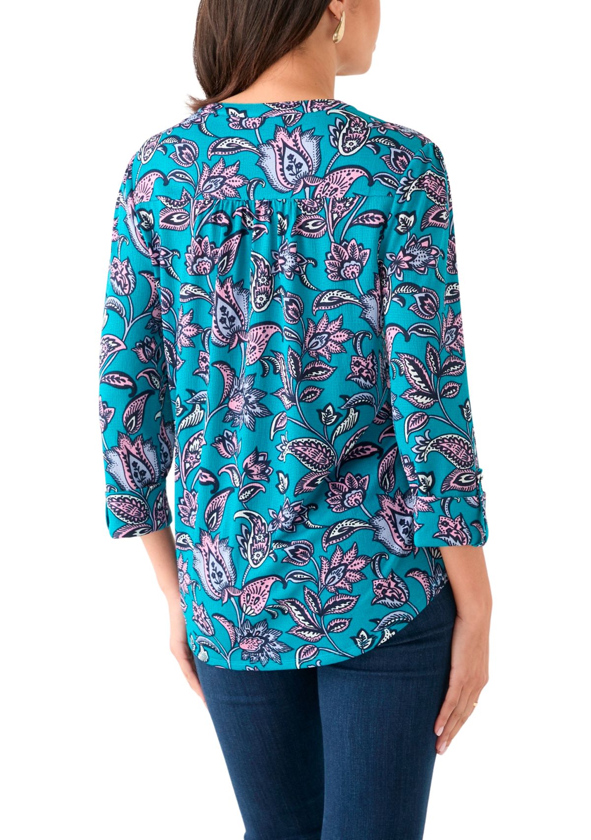 Womens 3/4 Sleeve Printed Henley Top