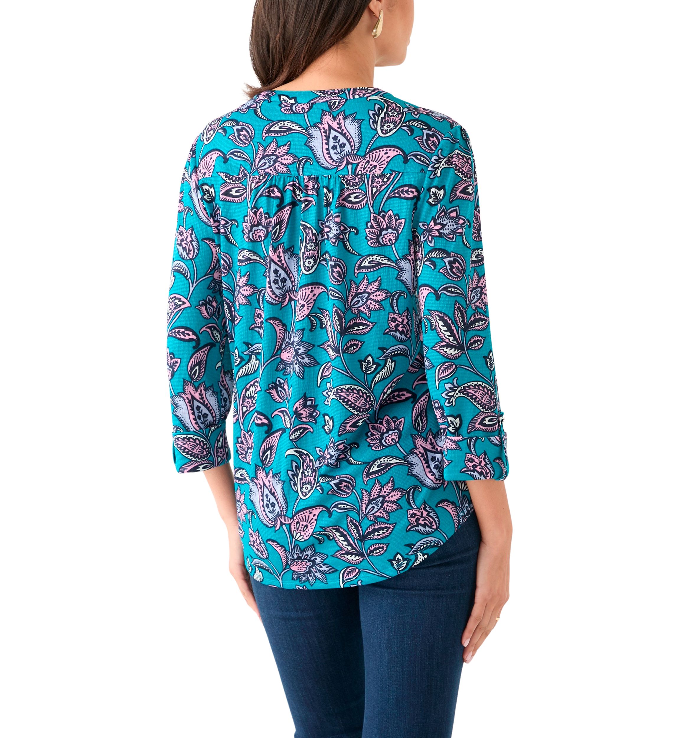 Womens 3/4 Sleeve Printed Henley Top